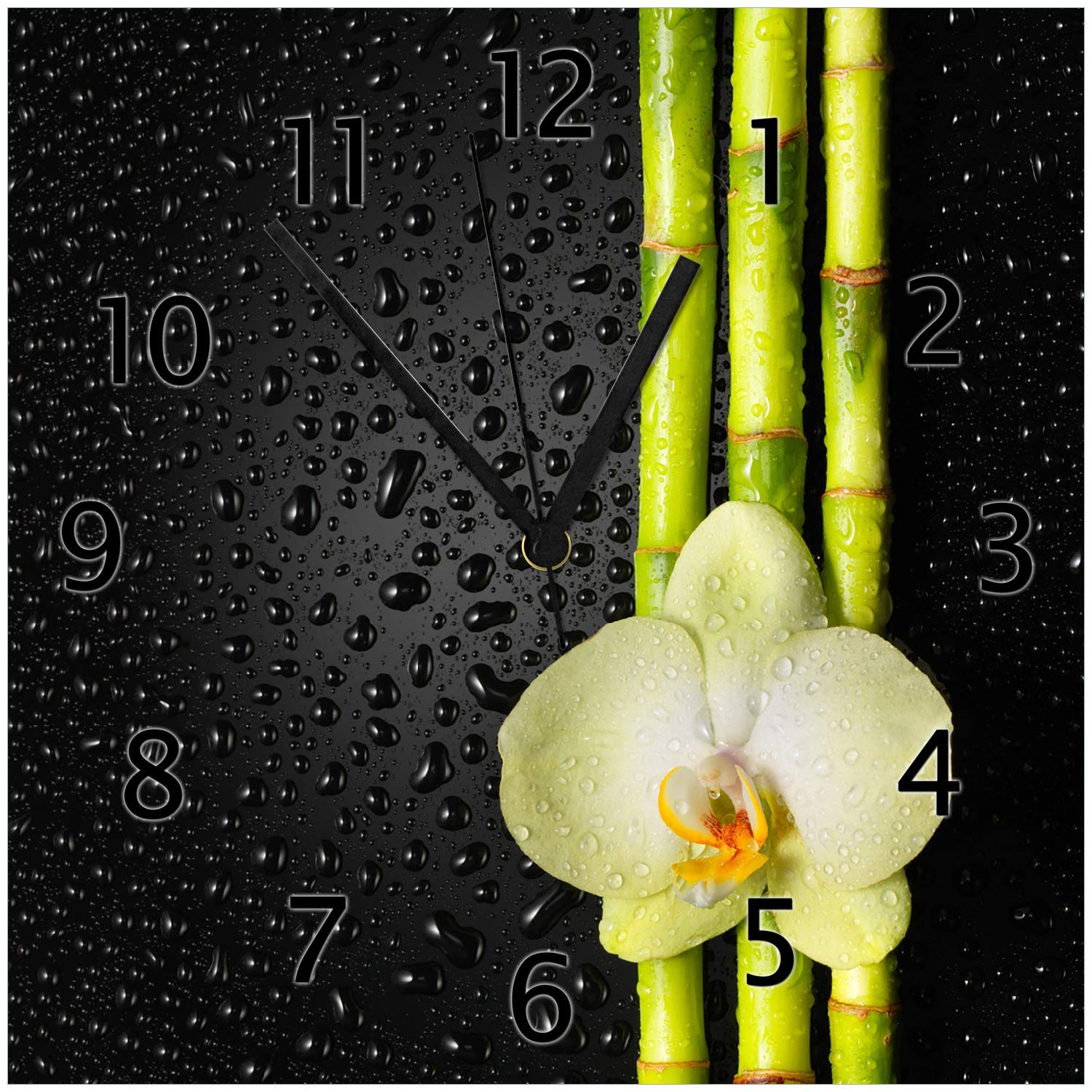 Wallario Design-Wanduhr Grüne Orchidee mit Bambus auf schwarz - Regentropfen aus Glas, Motiv-Uhr Größe 30 x 30 cm, Schwarze Zeiger