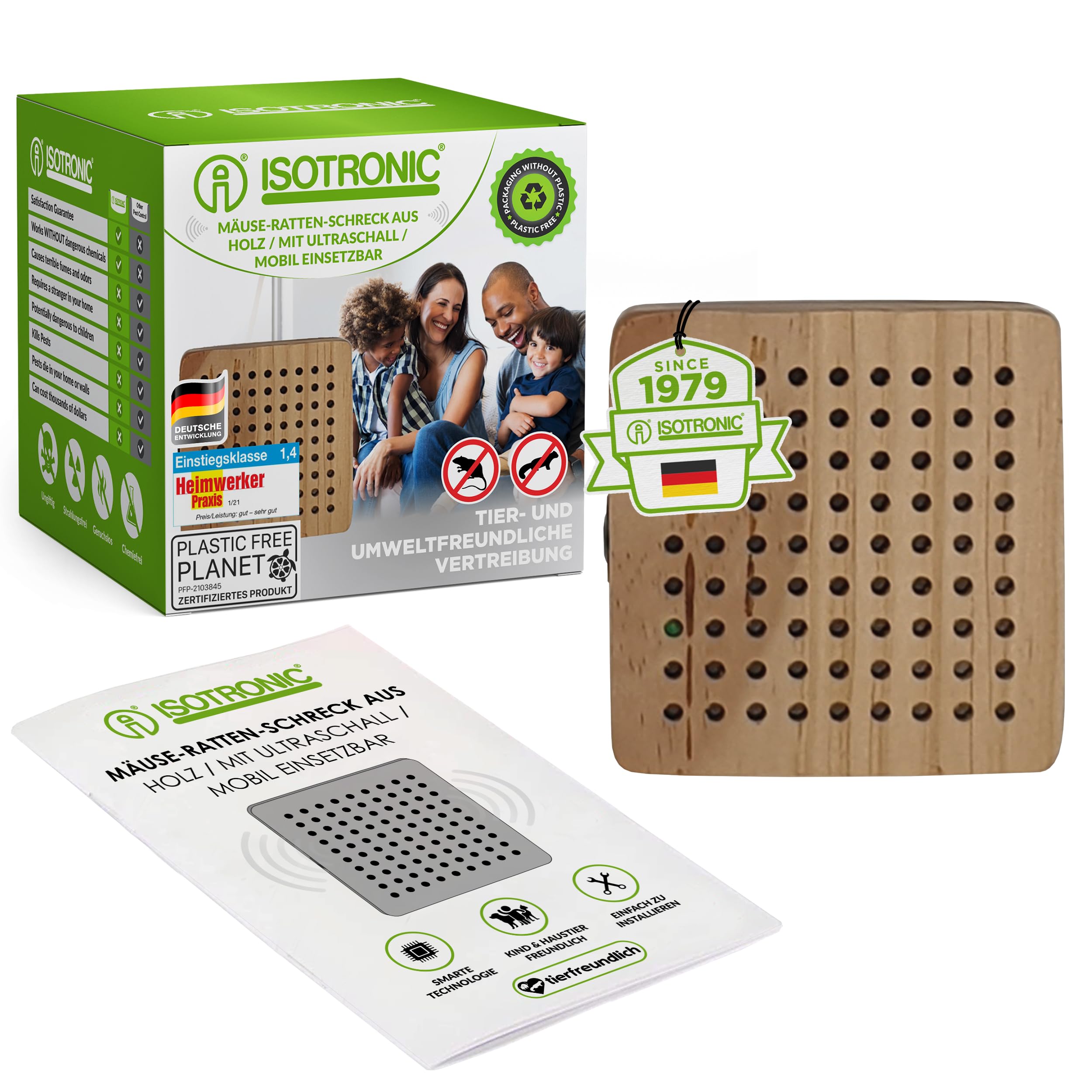 ISOTRONIC Ultraschall Mäuseabwehr zum Mäuse & Ratten vertreiben – Schädlingsvertreiber für Dachboden, Keller, Garage & Garten – Mäuseschreck ohne Gift & Mausefalle – 40m² Wirkungsbereich (1 Stück)