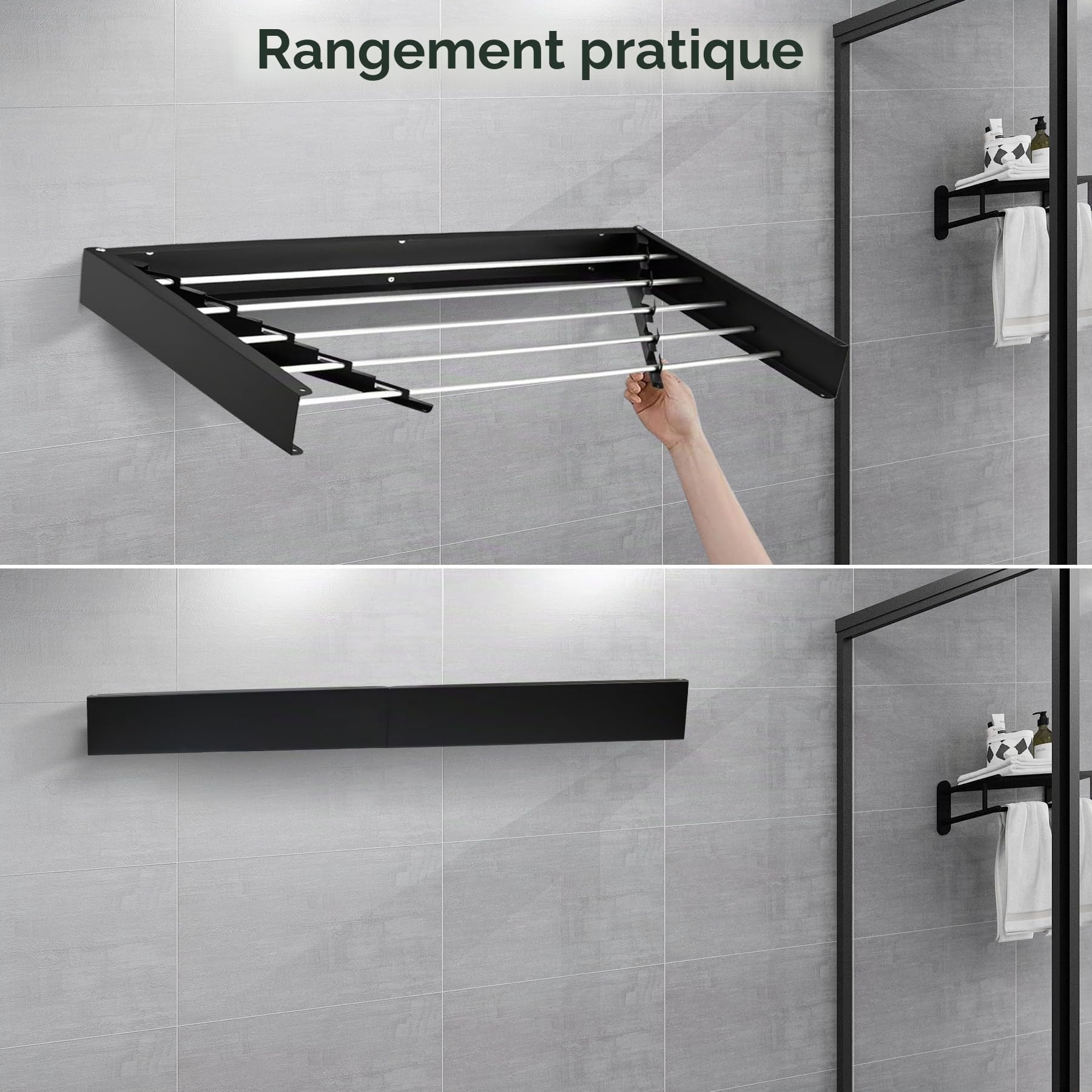 Séchoir à Linge Mural Extensible en Acier Inoxydable - 80 cm - Noir - Pliable - Montage Mural - Capacité de Charge de 50 kg - pour l'intérieur et l'extérieur - Balcon