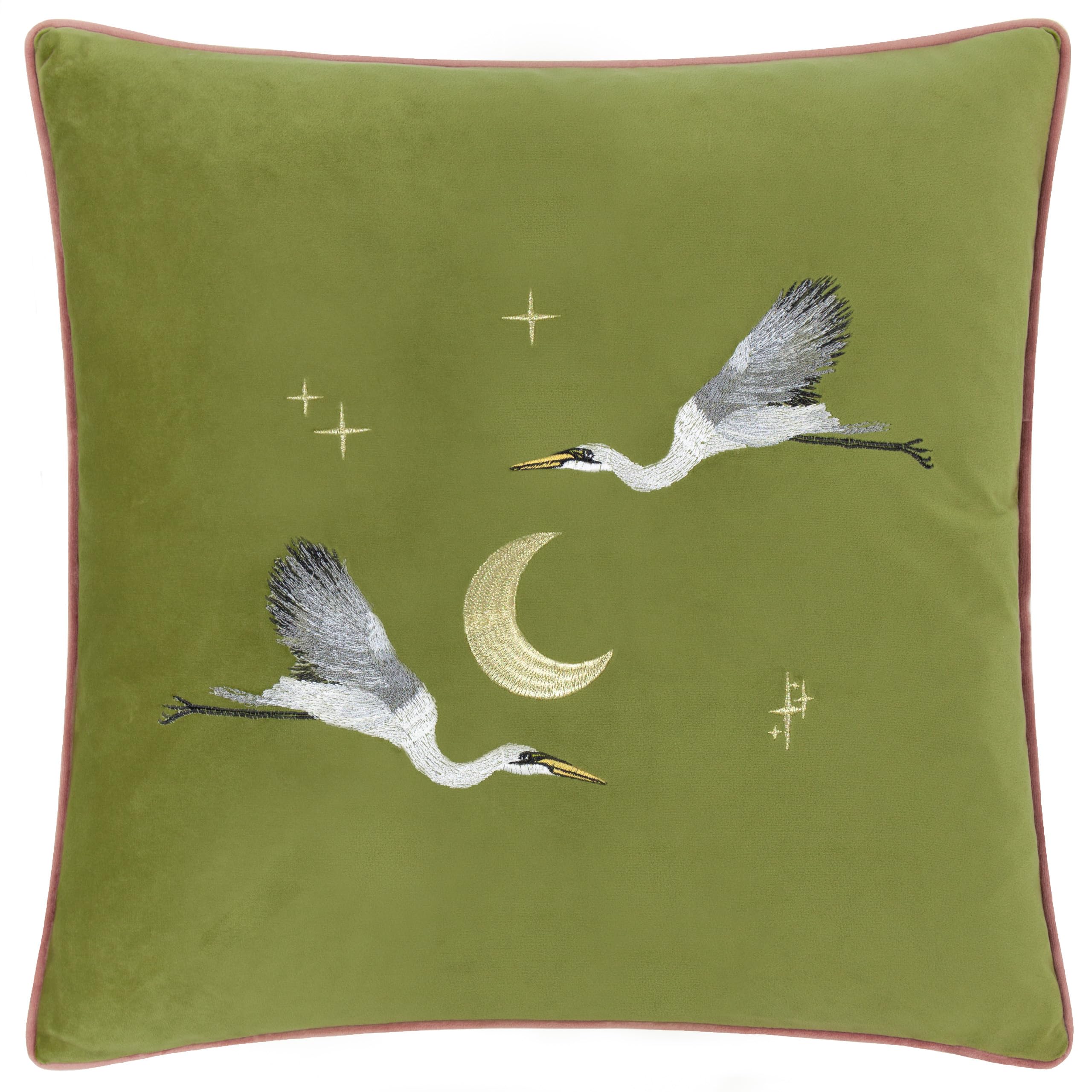 Paoletti Moonlit Flight Embroidered Velvet Cushion Cover - Olive - 45x45cm
