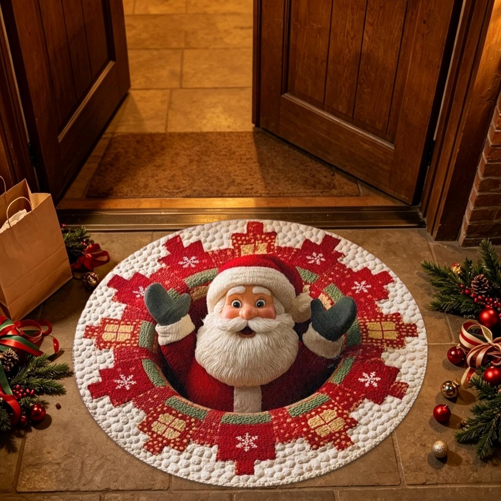 3D Rugs Optical Illusion Christmas, 3D Christmas Round Rug for Living Room
