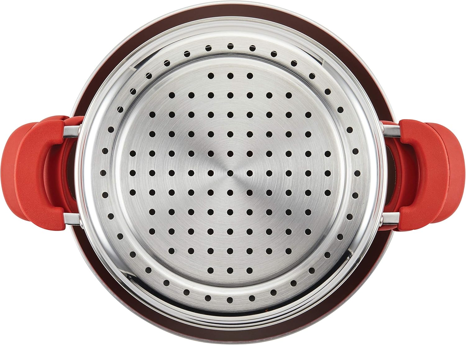 Top view of a Rachael Ray pot with stainless steel steamer insert