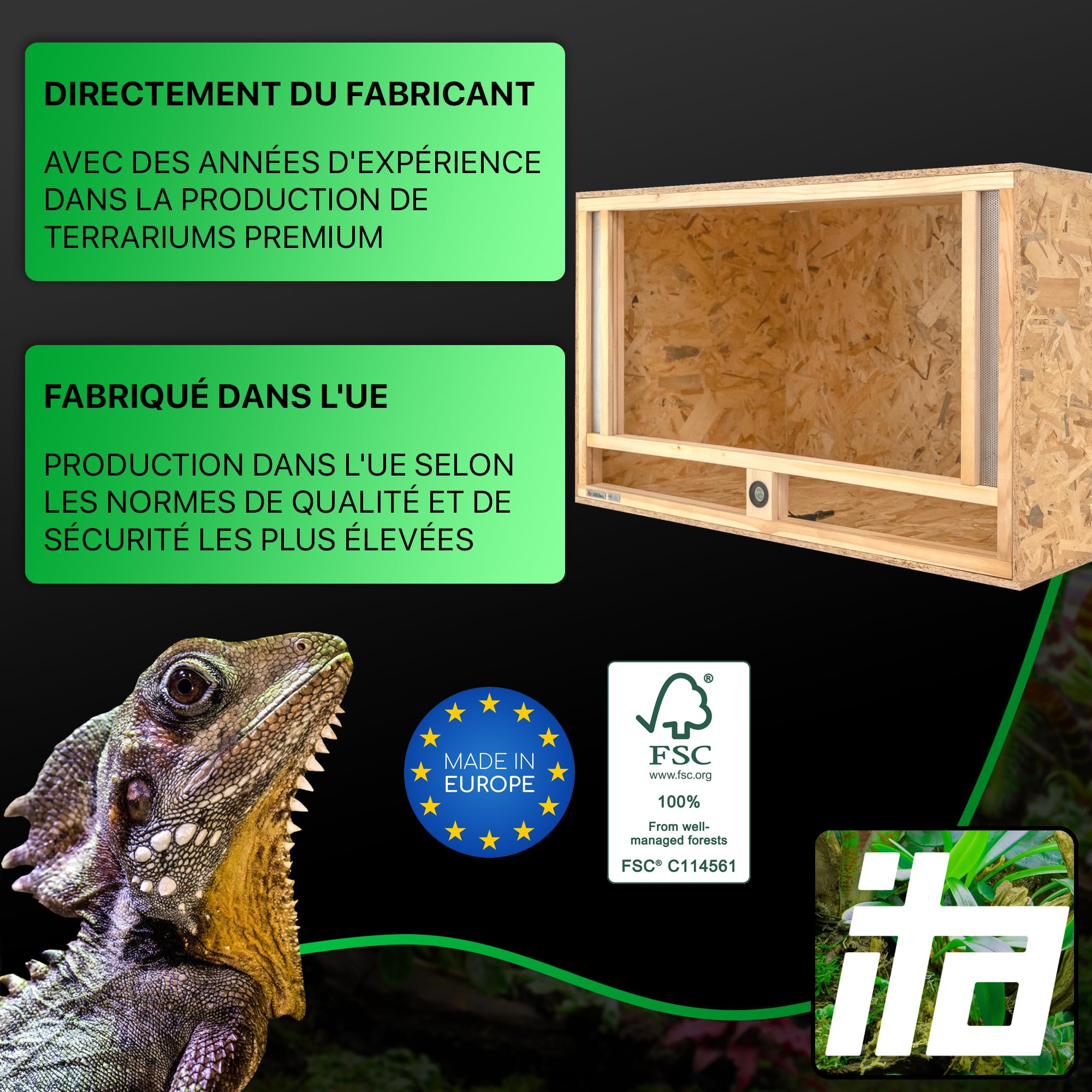 ITA Terrarium Bois 100x50x40 cm avec Ventilation Frontale & hygromètre intégré - Terrarium en Bois OSB-3 - pour Reptiles, Serpents, Amphibiens - Produit UE, certifié FSC