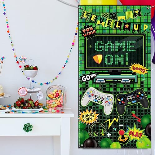 Miniatura 6 de Blulu Decoración de fiesta de videojuegos, videojuego, telón de fondo para puerta de cumpleaños, decoración de habitación para fanáticos,