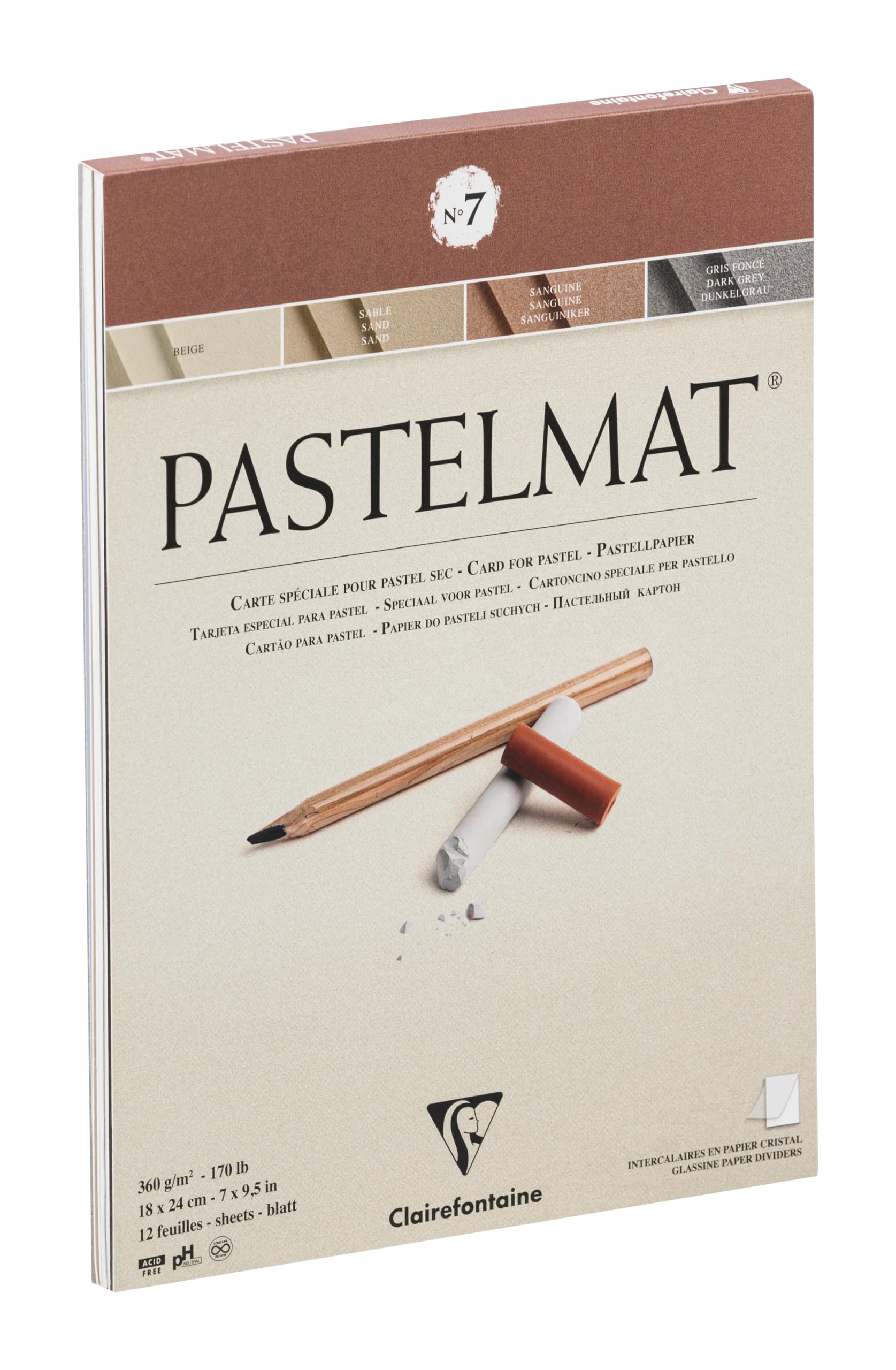 Clairefontaine 96052C Glued Pad Pastelmat n°7-12 Sheets Special Card for Dry Pastels - 18x24 cm 360g - 4 Assorted Colors - Crystal Paper Dividers