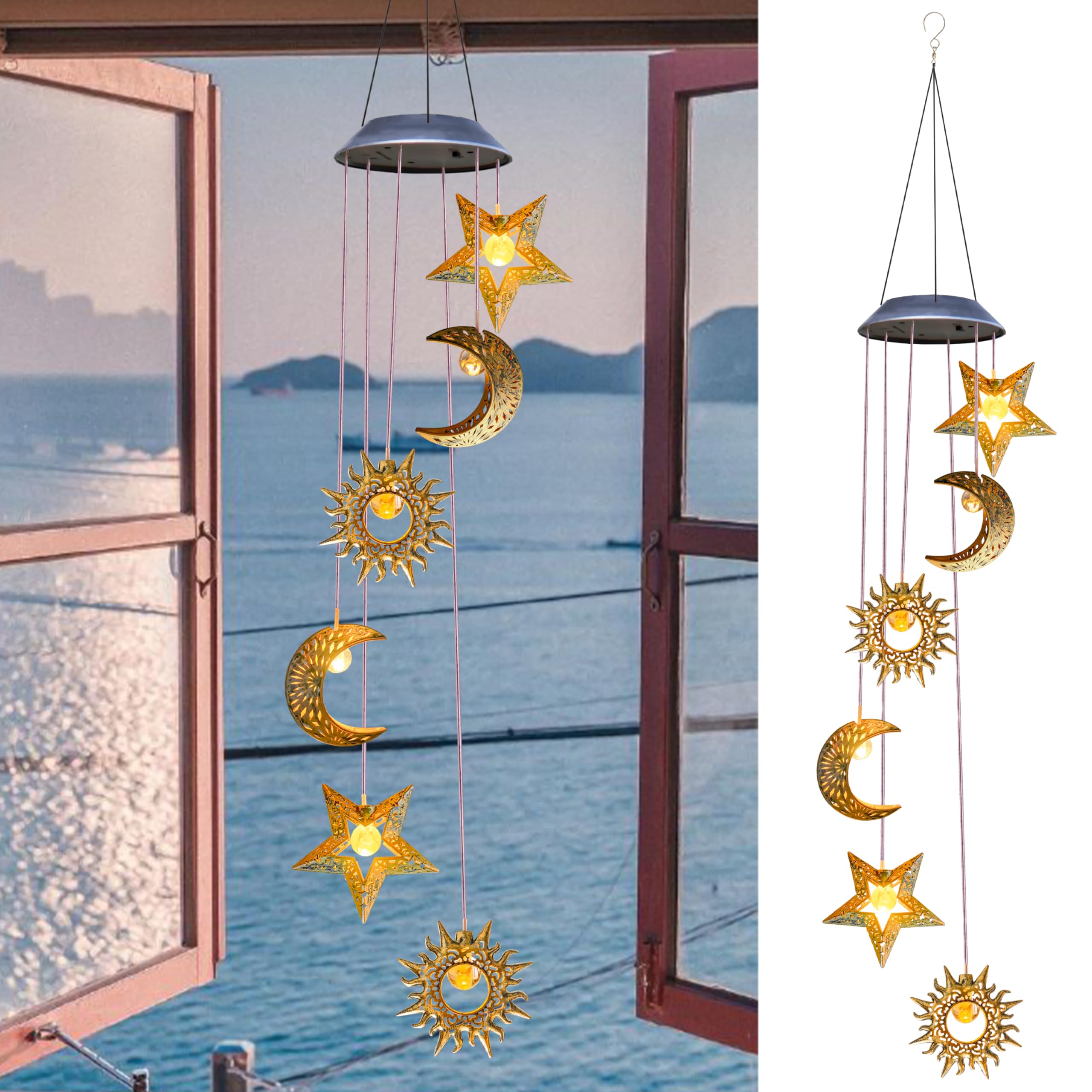Yonxuleo Solar Wind Chimes for Outside Lights Sun Moon Star Outdoor Hanging Decor Warm Lights Prefert Gifts for Mom Wife Outdoor Windchimes for Garden Yard Patio Christmas Birthday Mothers Day