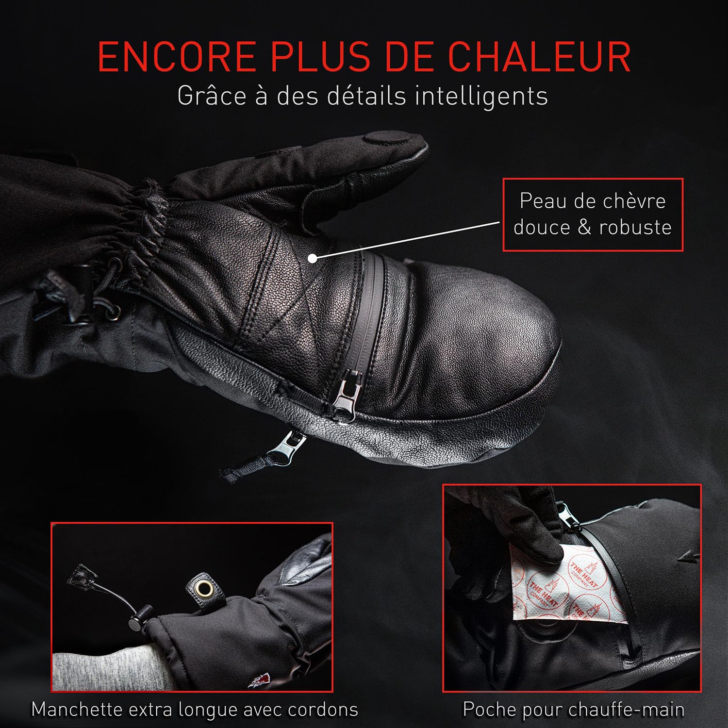 THE HEAT COMPANY Gants à Capuche Shell - Qualité Premium - Gants d'hiver - Extra Chauds - Fortement déperlants - Femme & Homme - Anti-Froid, Noir, sans sous-Gants