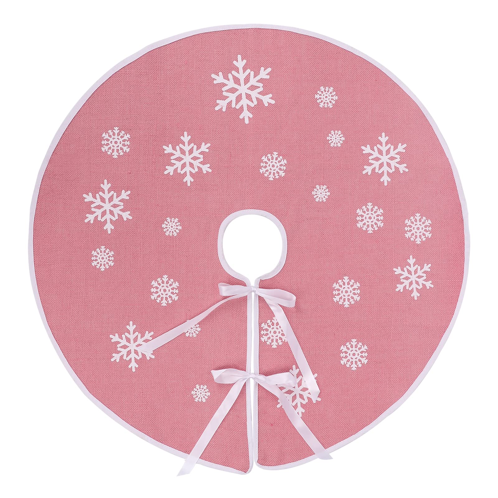 N&T NIETING Christmas Tree Skirt, 30 Inch Rustic Burlap Tree Skirt with White Snowflakes Printed Tree Mat Xmas Tree Holiday Decoration, Pink
