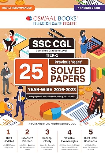 Oswaal SSC CGL (Combined Graduate Level) Tier-I 25 Previous Years Solved Papers | Year-wise 2016-2023 | Hardcover Book For 2024 Exam
