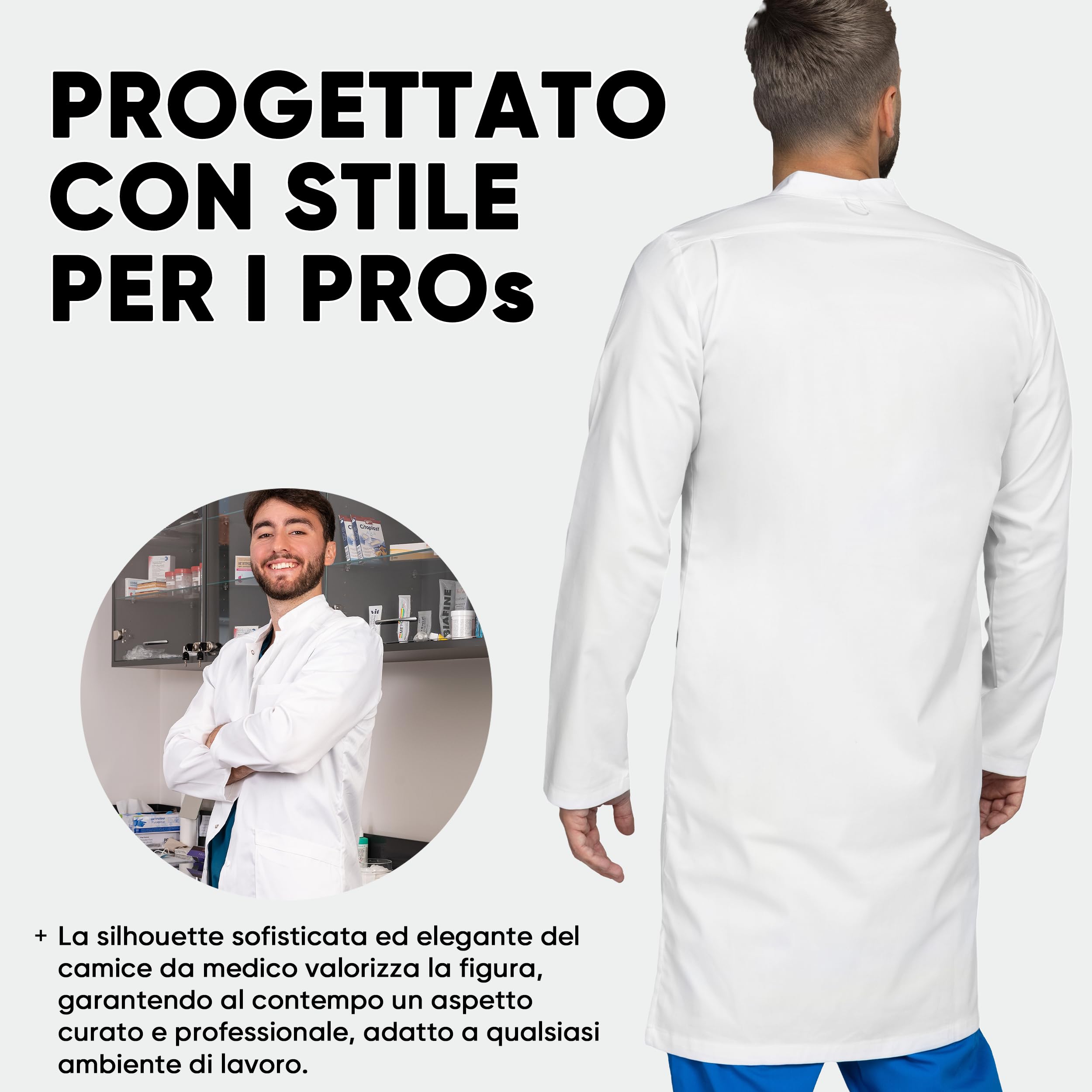 B-well Antonio Camice Laboratorio Uomo Cotone e Polyester Camice Medico Uomo con Maniche Lunghe, 3 Tasche e Fissaggio con Bottoni Automatici