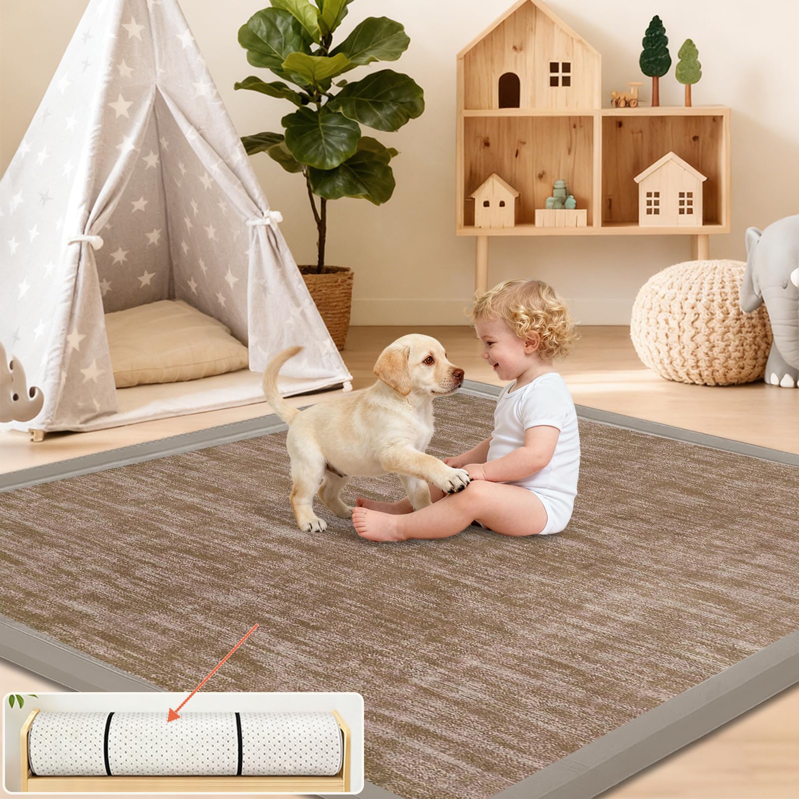2 CM Tapis d’Éveil et Matelas pour Parc Bébé, Tapis de Jeu en Mousse pour Bébé, Tapis d'éveil Bébé Extra Doux Tapis Enfant pour Jouer et Marcher en Sécurité Marron 80 x 120cm