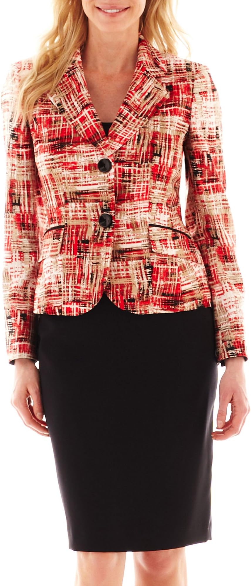 Le Suit Women's Printed Twill Jacket and Skirt Suit Set