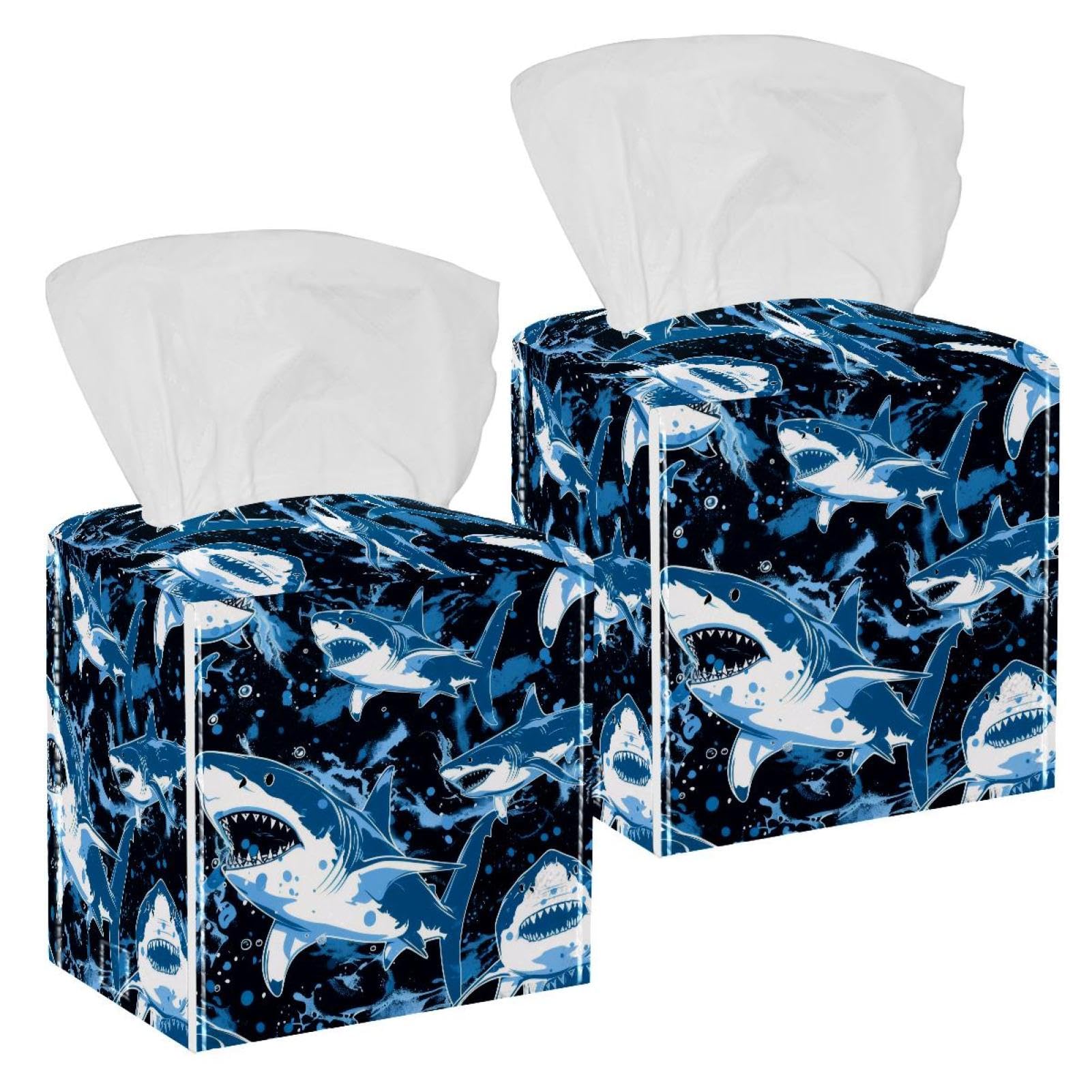 Sharks Tissue Box Cover, 2 Pack PU Leather Square Facial Tissue Dispenser Box holder for Home Office Car