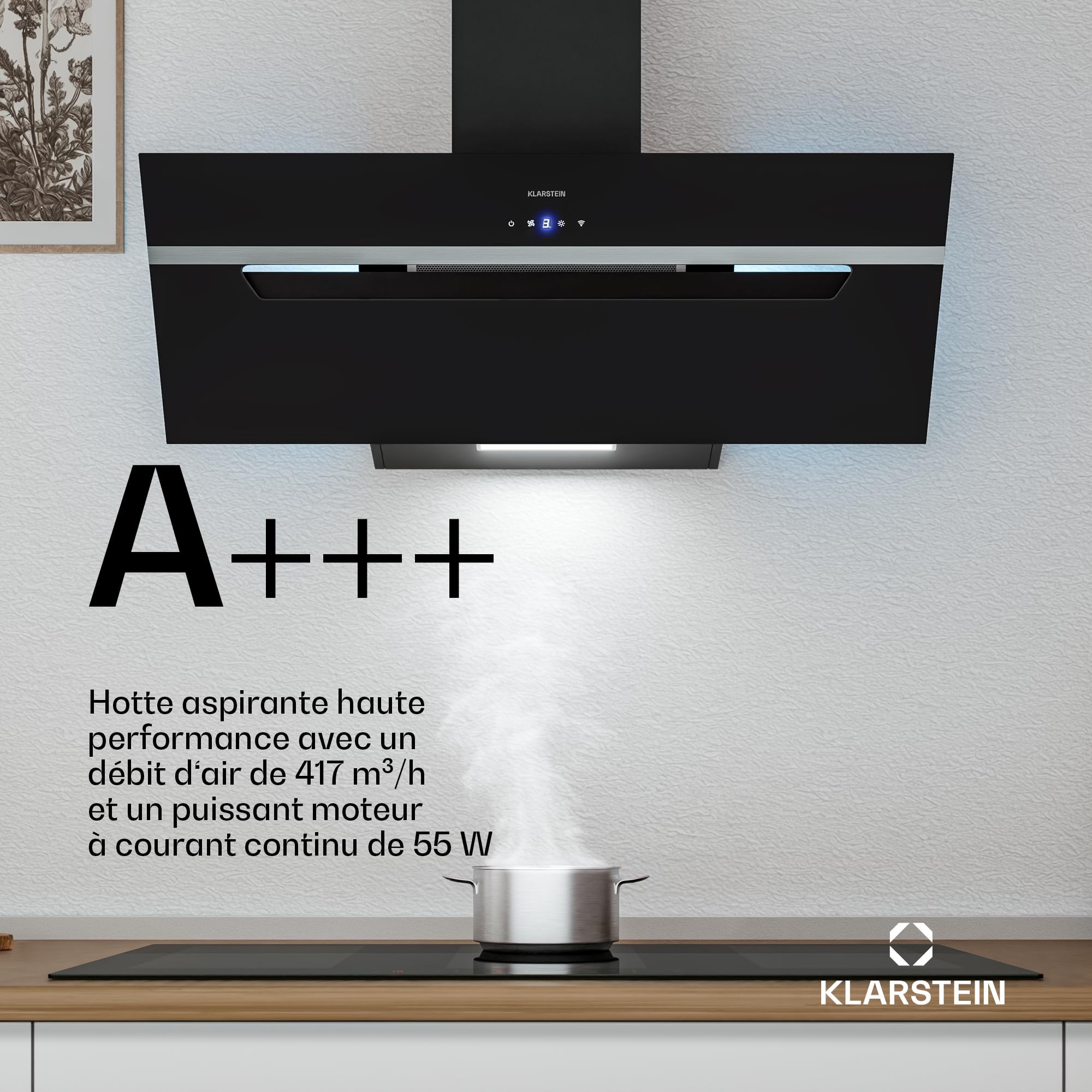 Klarstein BigBite Hotte Aspirante 90 cm - Hotte Décorative Inclinée, 417 m³/h, A+++, LED, 3 Vitesses & Boost, Filtre Charbon, Tactile, Recyclage ou Évacuation, Design Verre Noir