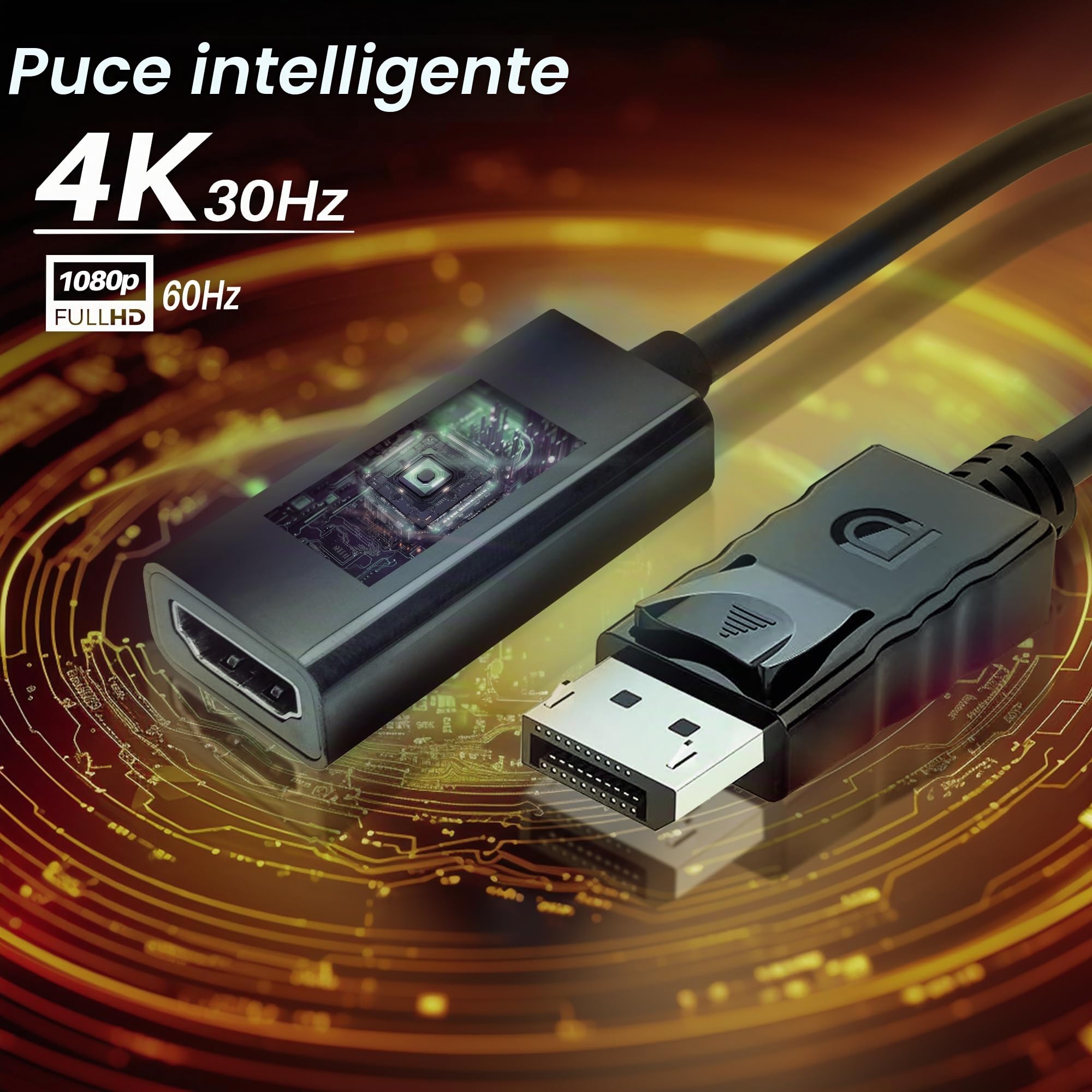 Skintek SK-04-DPH Adaptateur Display Port (DP) vers HDMI, 4K 1080p 60 Hz, mâle-Femelle pour connecter Un PC/Notebook/Mac avec Sortie Display Port à Un Moniteur avec entrée HDMI. Câble de 18 cm.