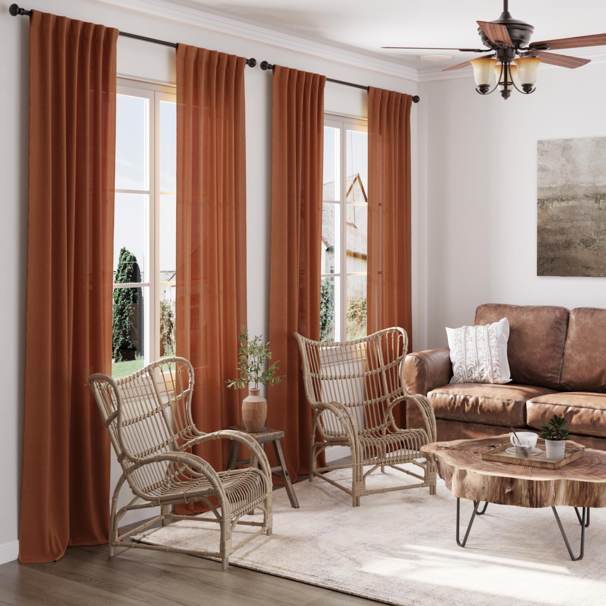 Cortinas Traslúcidas Terracota De 84 Pulgadas De Largo, Juego De 2 Paneles De Cortinas Bohemias Para Sala De Estar, Con Pestaña Trasera, Bolsillo Para Barra, Filtro De Luz, Cortinas De Semi