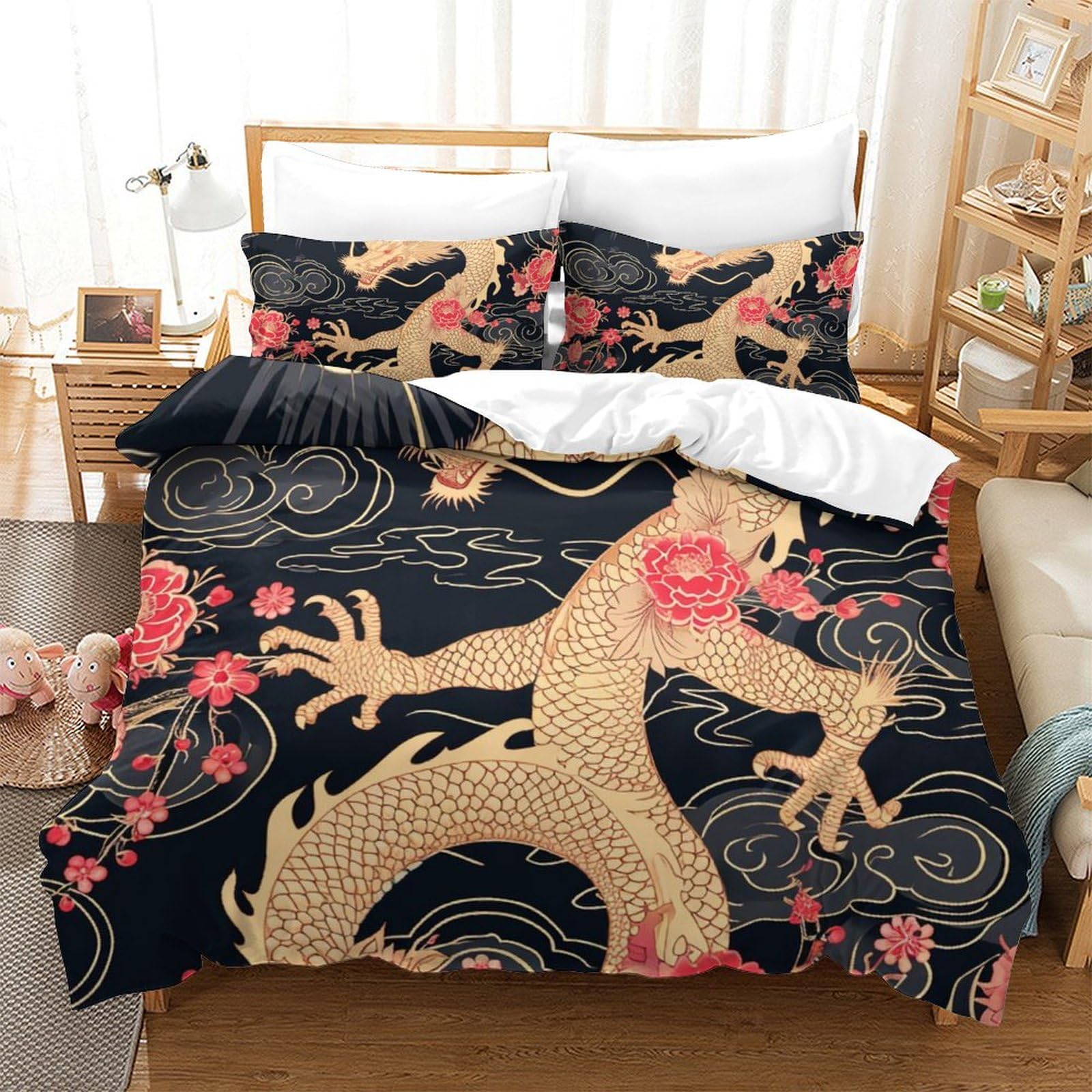 Linge de lit dragon 3D en microfibre premium toucher soie de taille 260x220