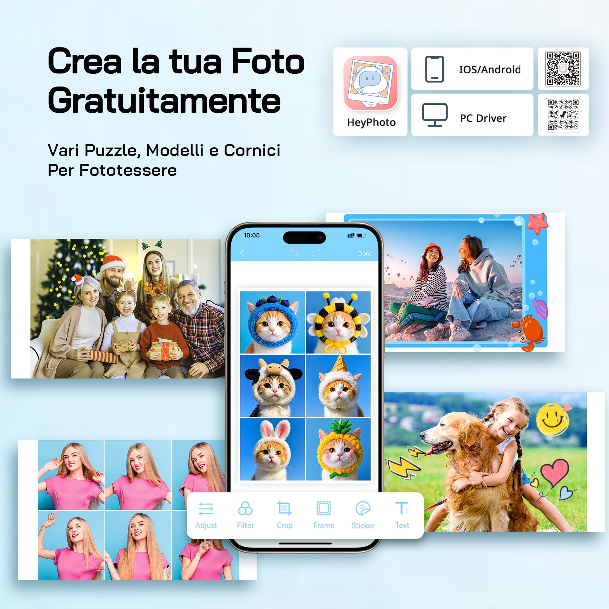 WOLFANG Stampante fotografica, stampante fotografica istantanea con 54 fogli (4"x6"), supporta la connessione WiFi, app di fotoritocco creativo, per smartphone iOS/Android