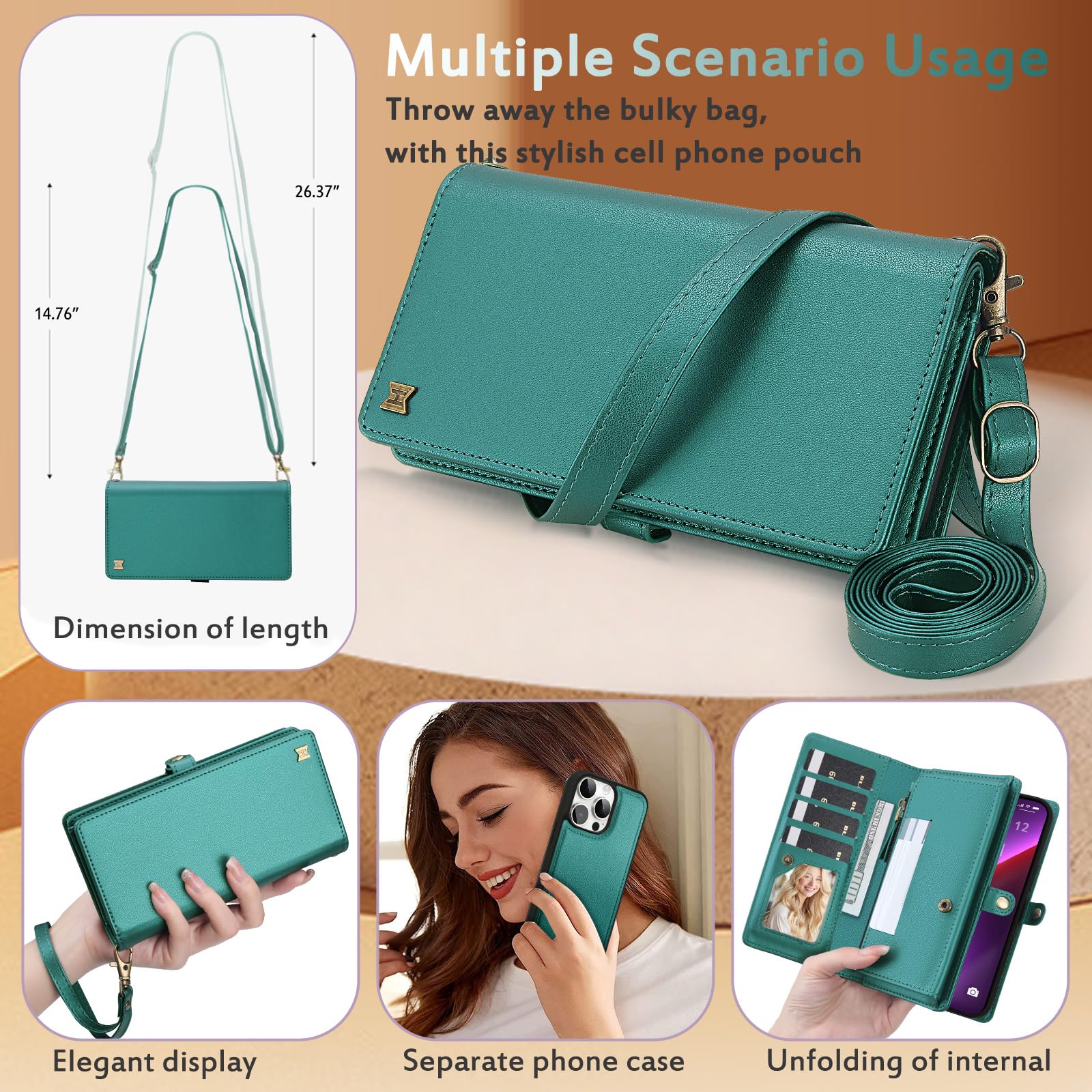 Etui portfelowe kompatybilne z iPhone 13 Pro Max, wielofunkcyjne, odpinane, magnetyczne etui 2 w 1, portfel na iPhone'a 13 Pro Max, z klapką, z paskiem na zamek błyskawiczny, etui na telefon z