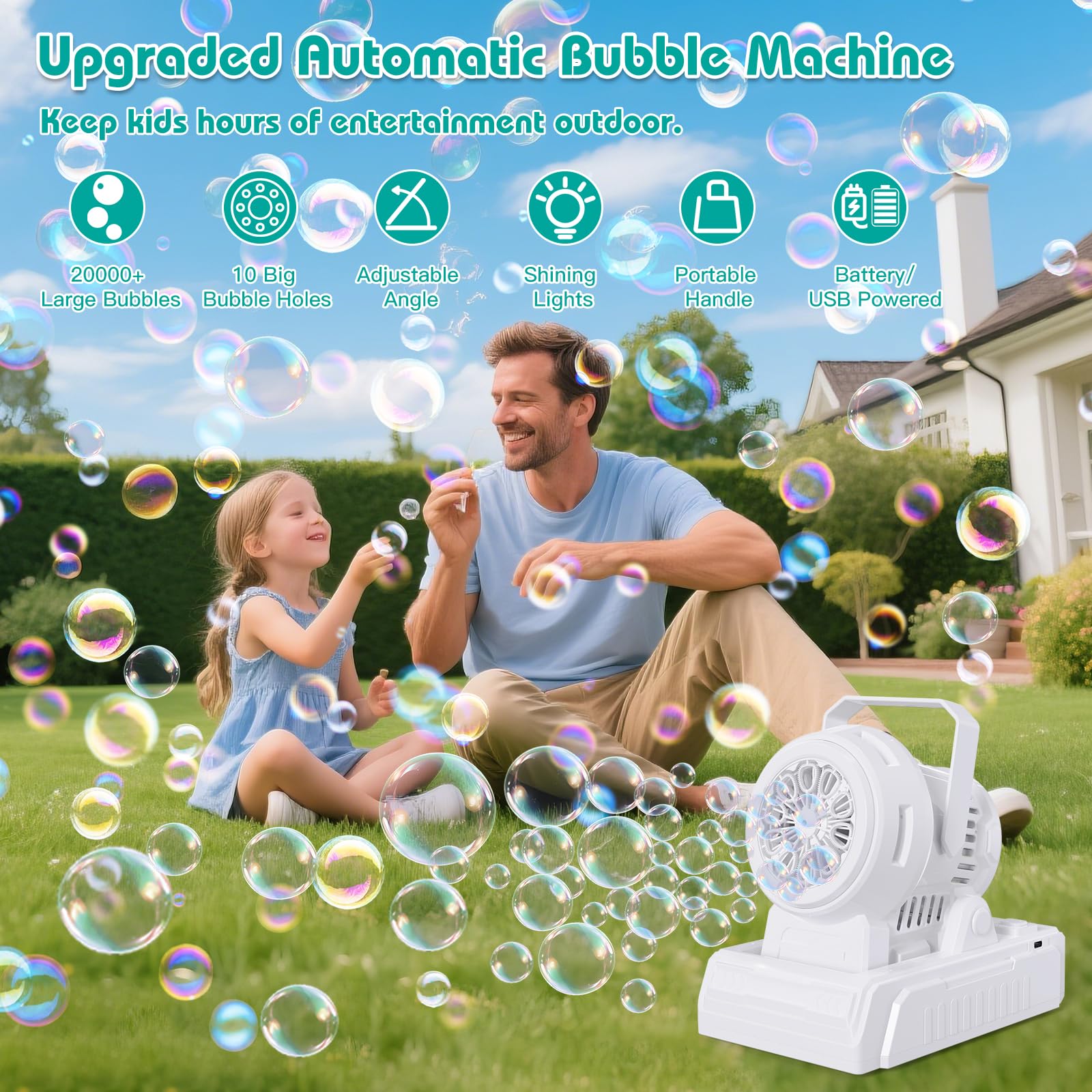 Babuloo Bubble Machine Adjustable Angle, 10 Big Holes Automatic Bubble Making Toy for Kids 20000+ Big Bubbles with Solution/Lights, Portable Outdoor Bubble Blower for Garden Party Wedding-White - Image 2