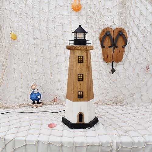 Miniatura 2 de Decoración de faro de madera con luz náutica de mesa, centro de mesa, decoración temática de playa, torre de luz decorativa, figura costera de