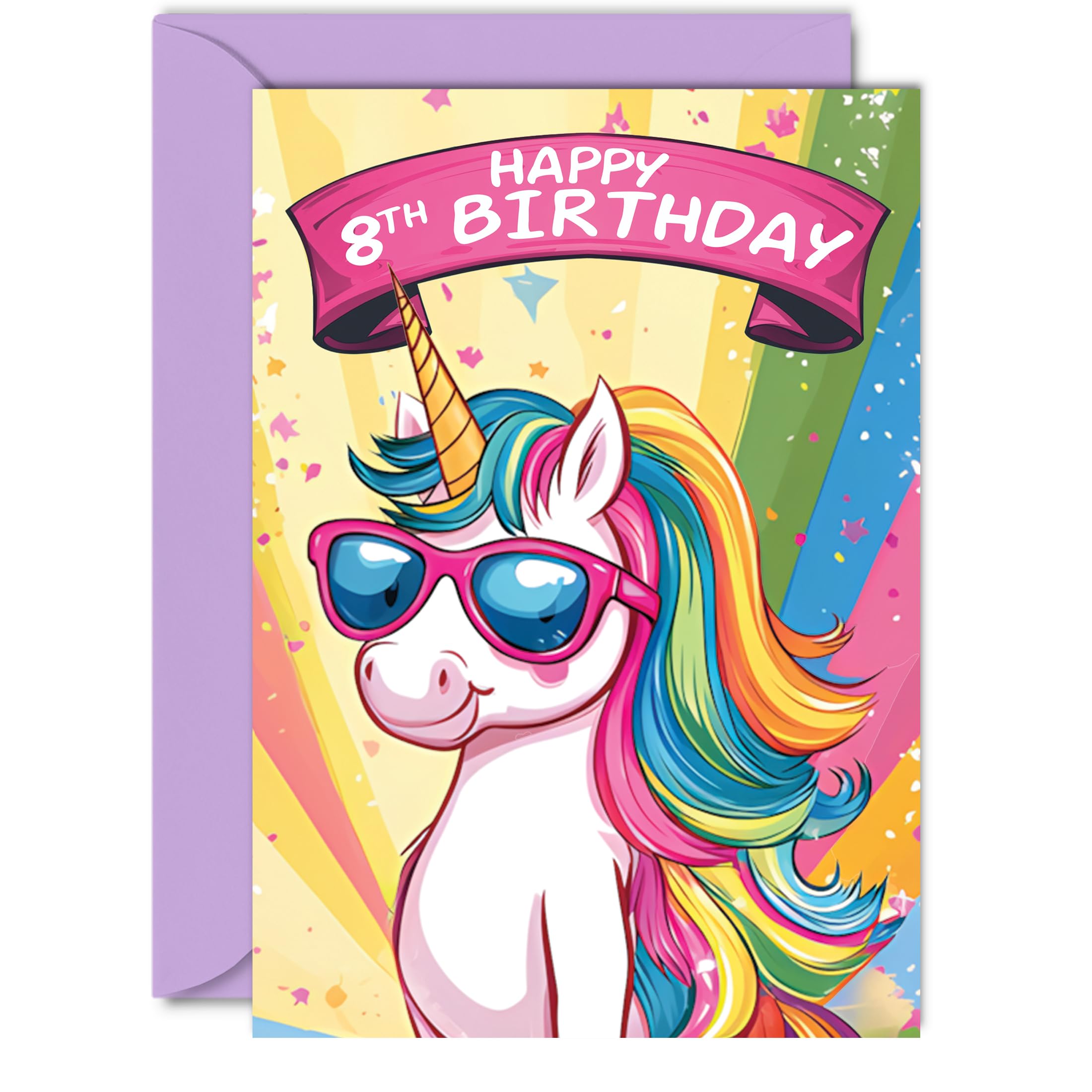 8th Birthday Card - Cool Unicorn Sunglasses - Unicorn Birthday Card for 8 Year Old Girl, Age 1 Birthday Cards Eighth Birthday Card, A5 Cute Greeting Card