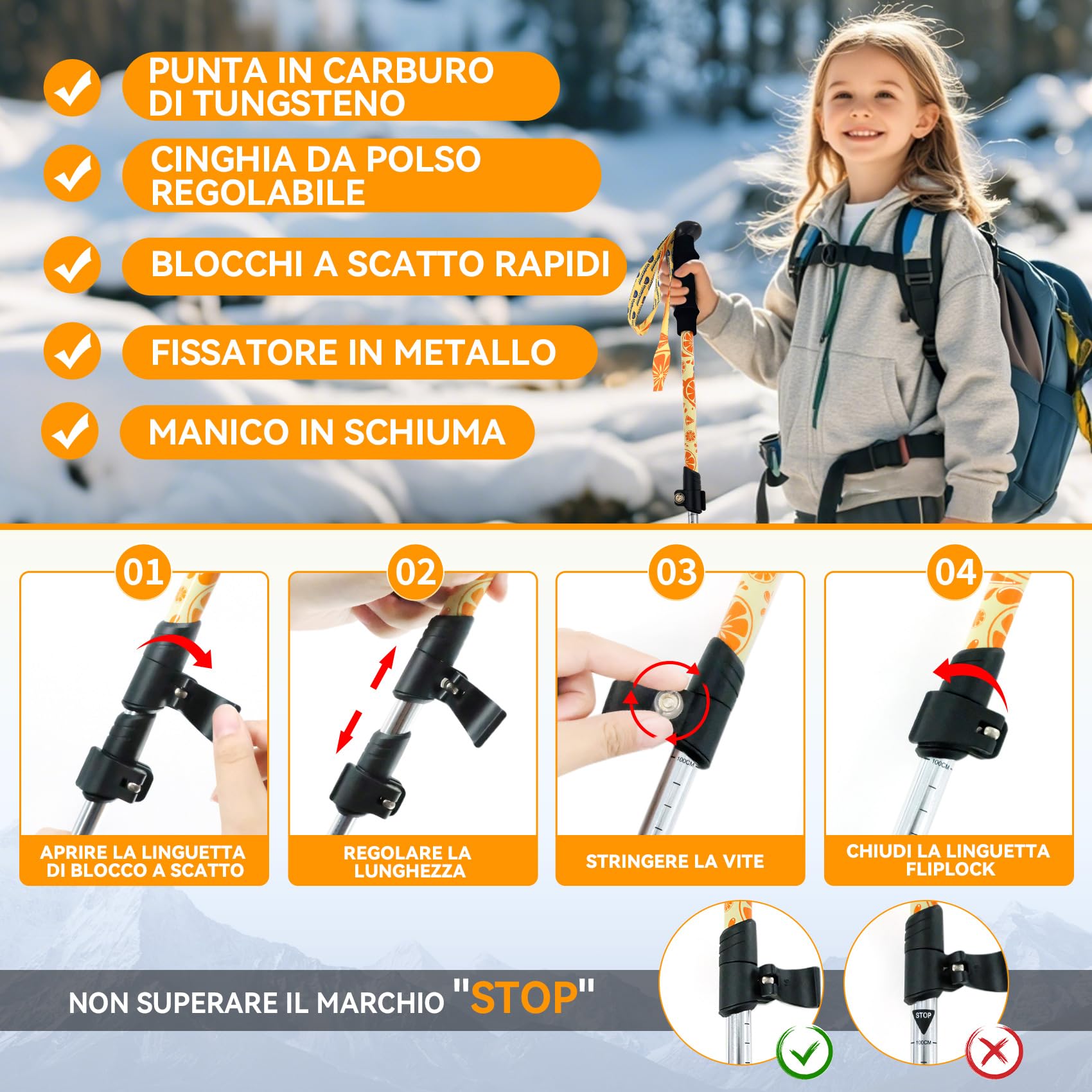Bastoncini da Trekking Pieghevoli per Bambini - 2 Bastoncini Regolabili Leggeri, Bastoni in Alluminio Pieghevoli per Bambini, Design Retrattile per Escursionismo/Sci (6-12 Anni)