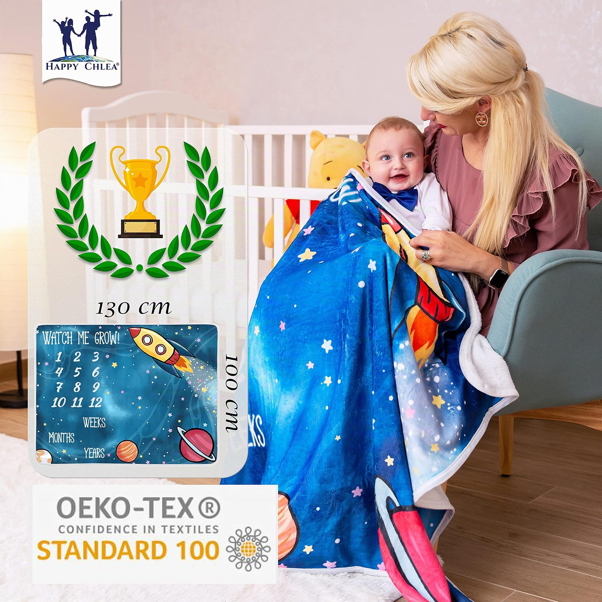 Happy Chlea® Manta Meses Bebé, Regalo de Nacimiento Original para Recién Nacido - Manta Fotográfica Infantil - Idea de Regalo Personalizados para Futuras Mamás - Certificado (Espacio)