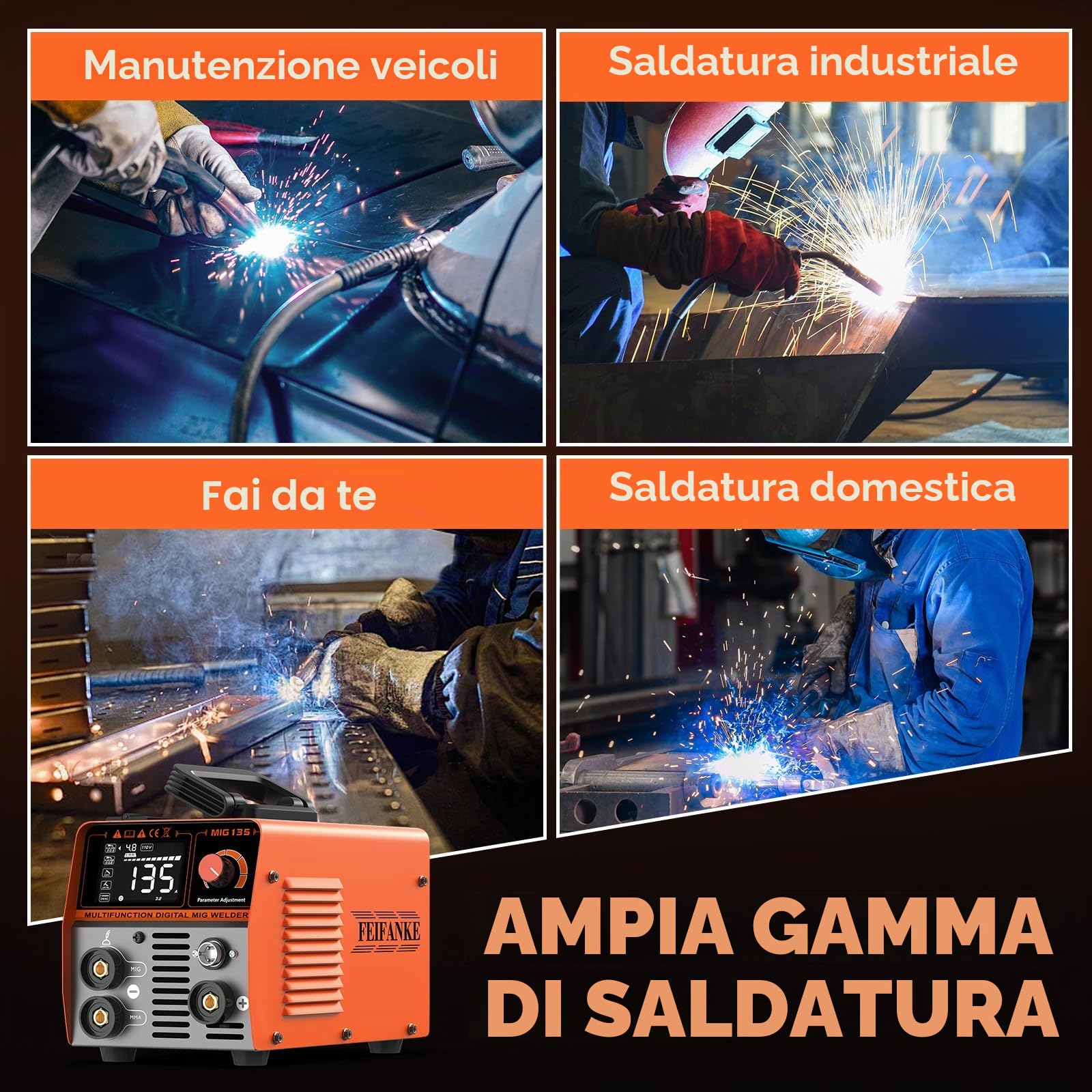 FEIFANKE 135A Flux Core MIG Saldatore 110V 3-IN-1 MIG/ARC/Lift TIG Saldatrice IGBT DC Inverter Saldatrice senza gas Saldatrice sinergia con 1 lb Filo di saldatura e torcia MIG