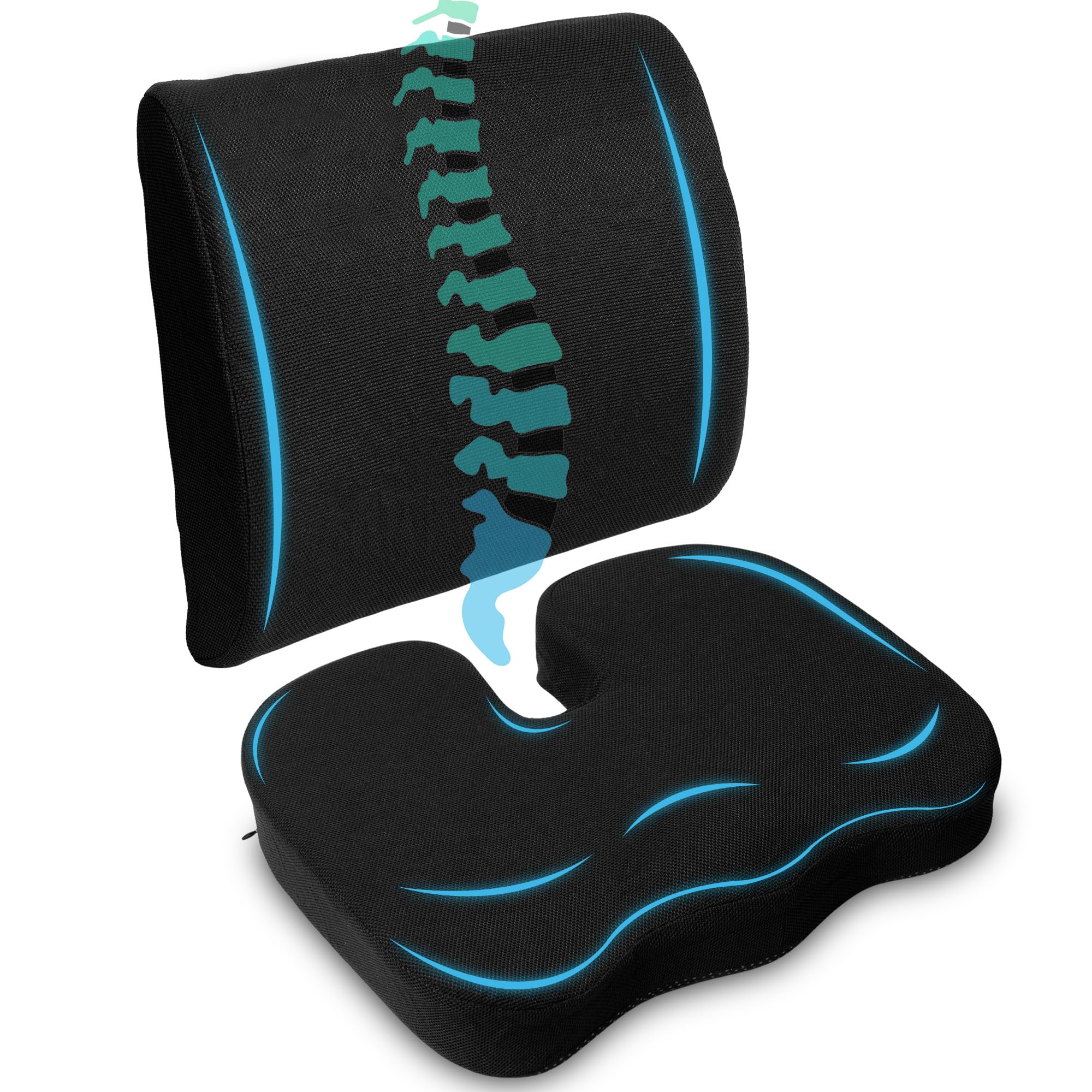 Cojin Antiescaras + Cojin Lumbar Silla Oficina, Silla de Ruedas y Coche – Viscoelástico – Cojin Coxis – Cojines Antiescaras con Funda Lavable – Cojin Silla Oficina - Cojin Lumbar Coche