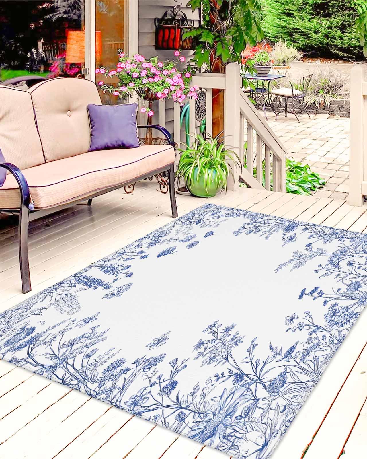 ERUNPONLY Blue Spring Floral Outdoor Rug 4x6 Ft for Patio/Deck/Porch, Large Indoor Outdoor Rugs, Summer Flowers Botanical Non-Slip Reversible Area Rug