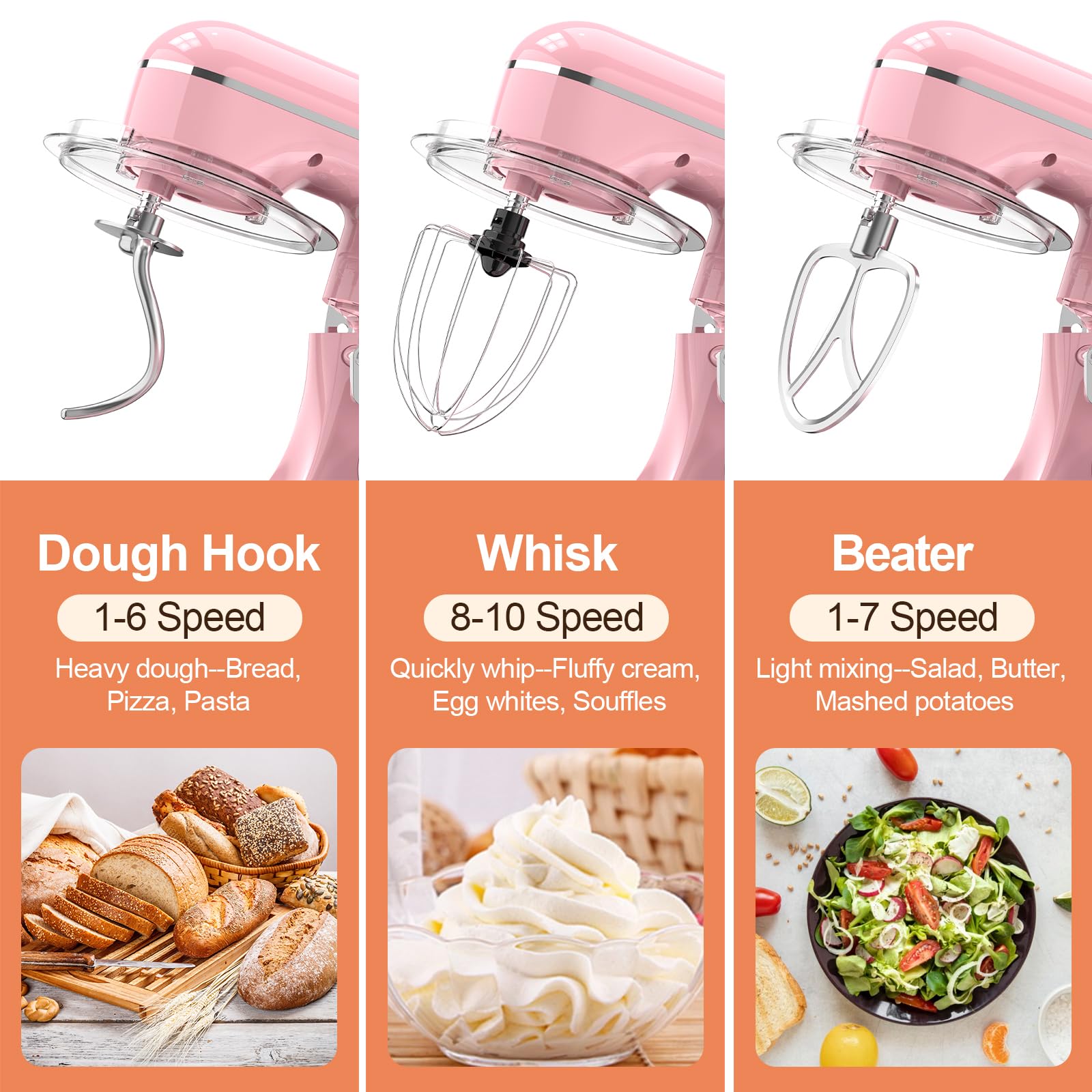 CEBORY 3-IN-1 Electric Stand Mixer, 6.5QT Bowl 660W 10-Speed Kitchen Mixer, Household Food Mixers include Dough Hook, Beater and Whisk, Bread Cake Mixer for Baking and Most Home Cooks,: Pink