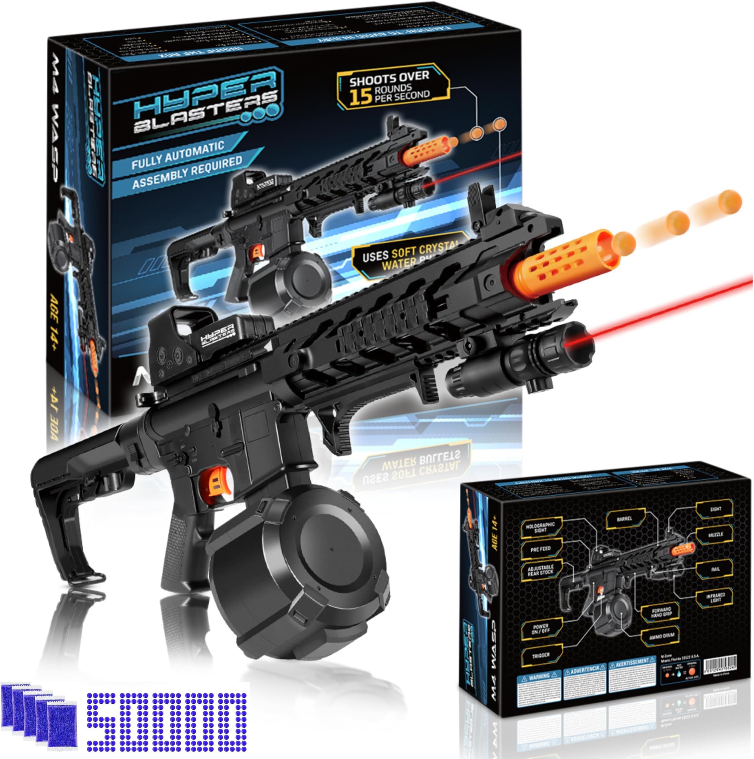 - HyperBlasters M4 Wasp Gel Ball Blaster with 1000 Round Capacity Ammo Drum – Splatter Ball Blaster Includes 50,000 Planet Friendly No- Stain Beads- Fun and Exciting Electric Orby Blaster