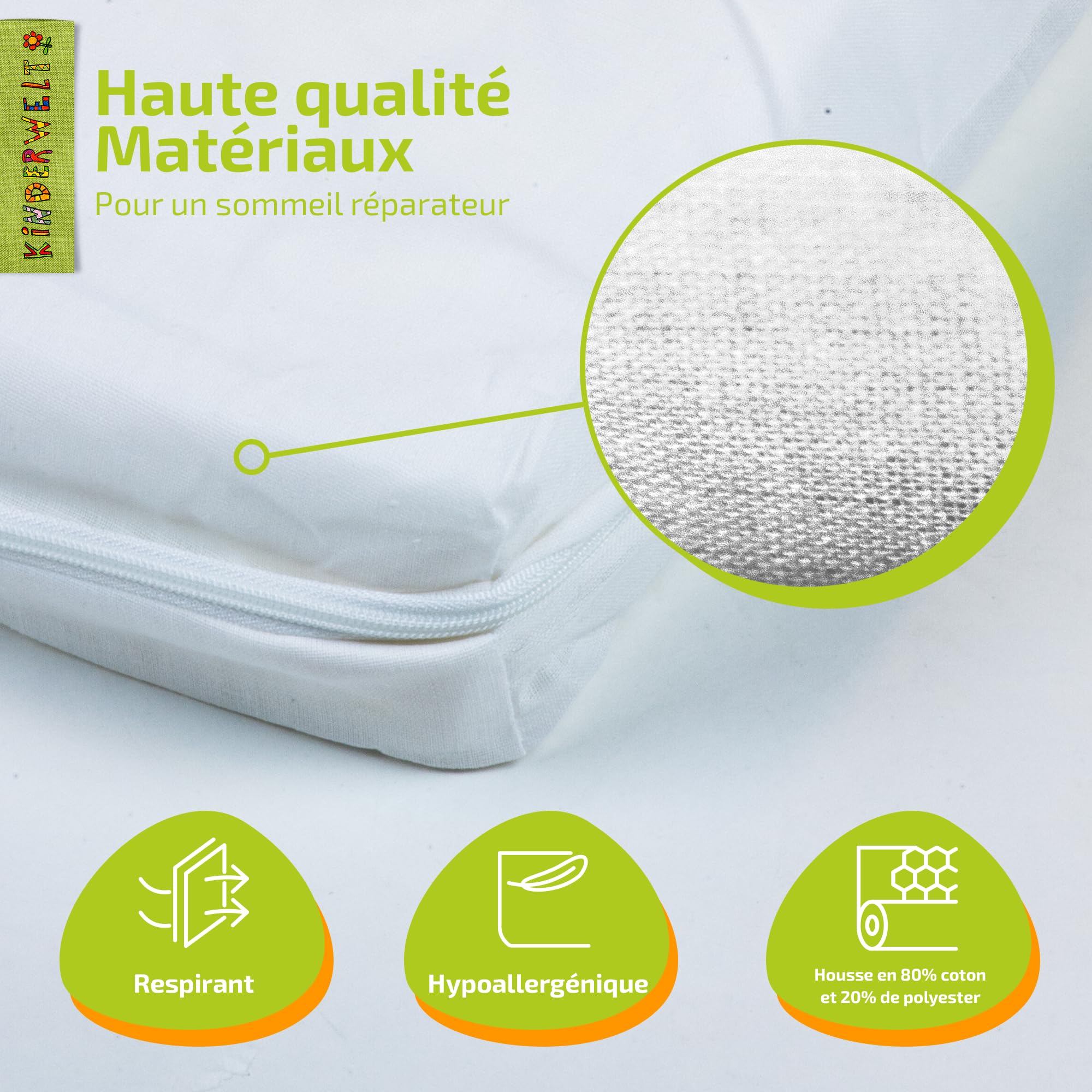 Matelas pour bébé, noyau en mousse, 60 x 120, blanc