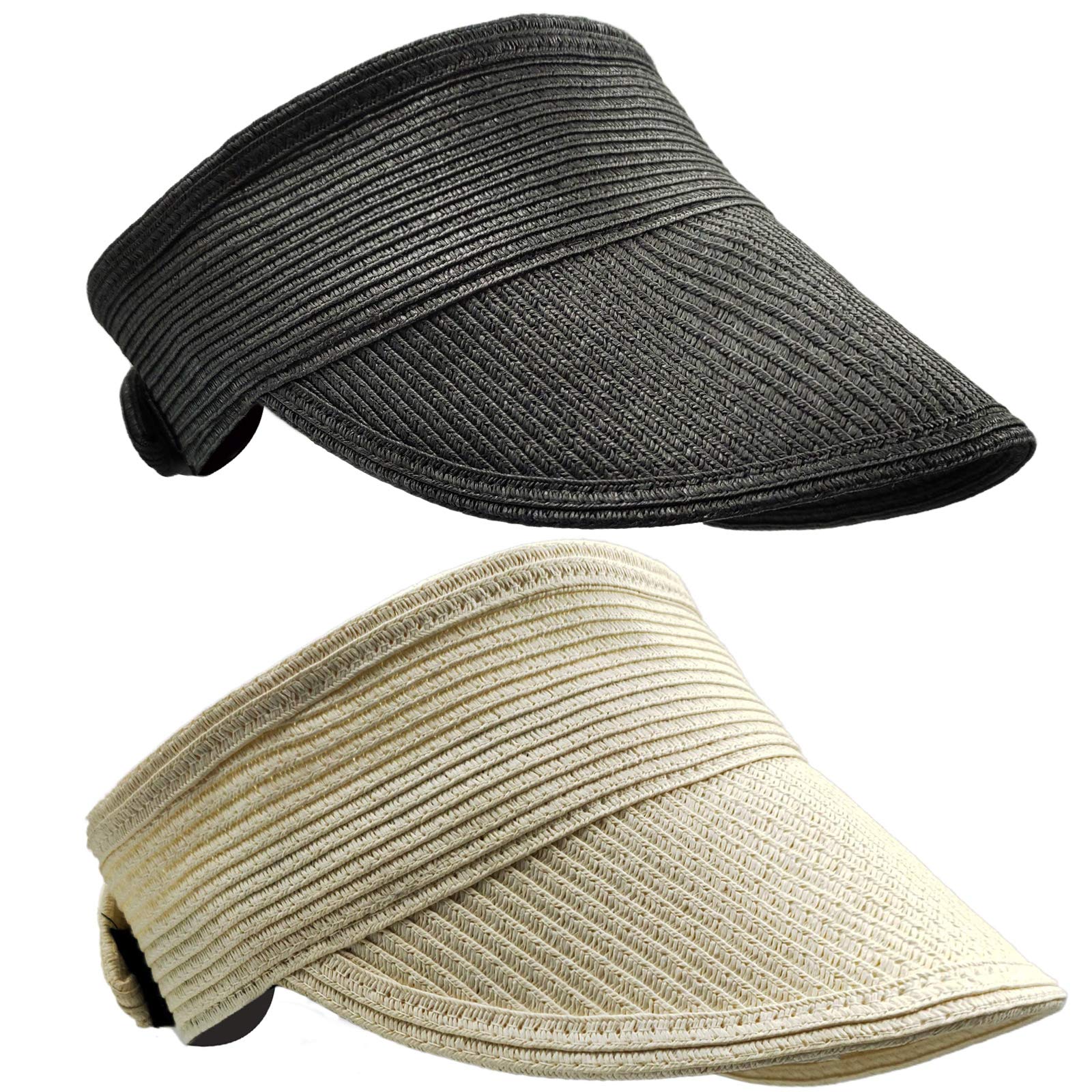 2 Pieces Straw Visor Hats for Women, Summer Beach UV Sun Protection Hat Foldable Wide Brim Roll-up