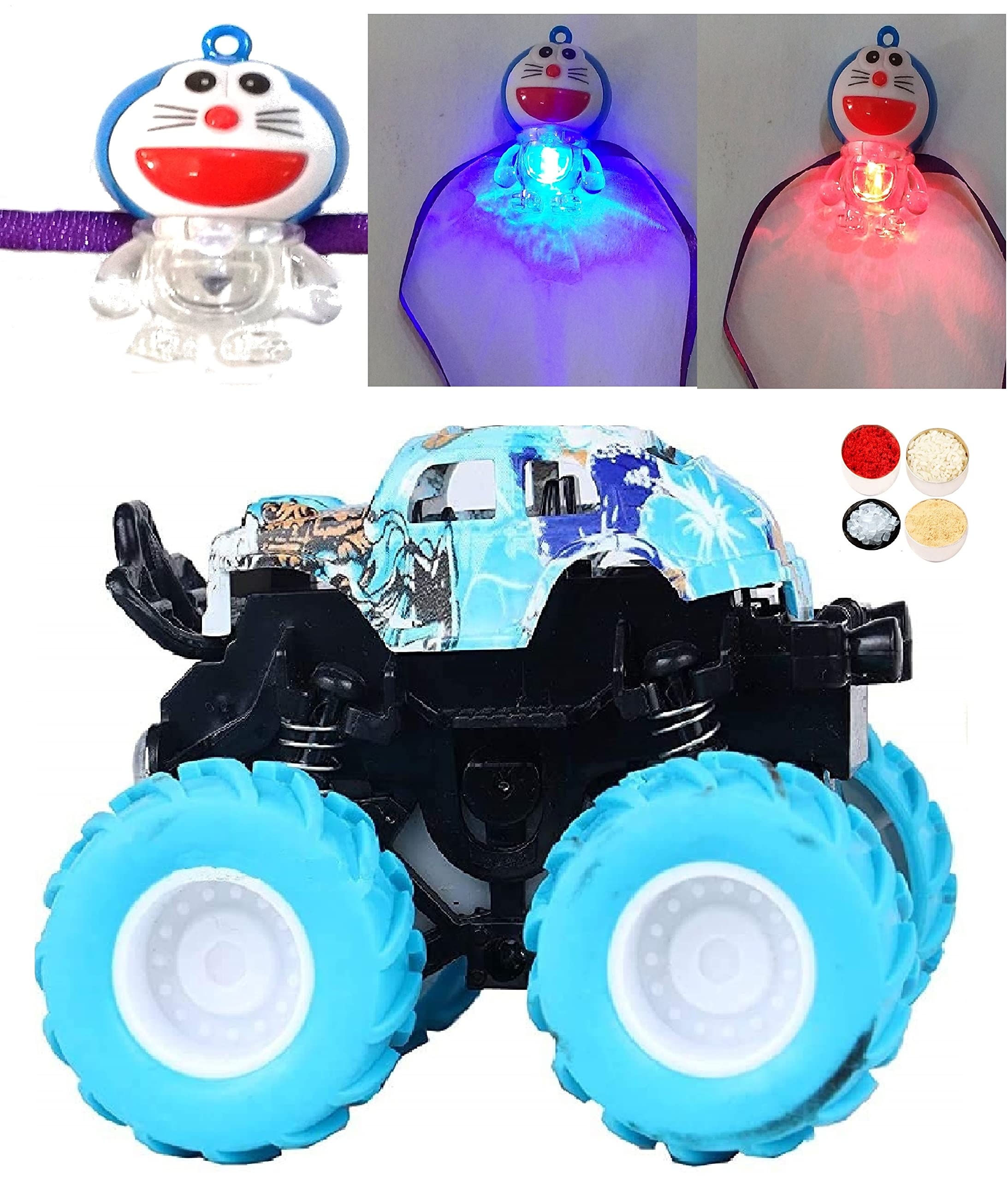 Doremon LED Rakhi for Kids Brother, Gift Monster Truck Car with Personal Message & Roli Chandan Chawal Mishri Pack for Little Small Bhai Bhaiya-image-10
