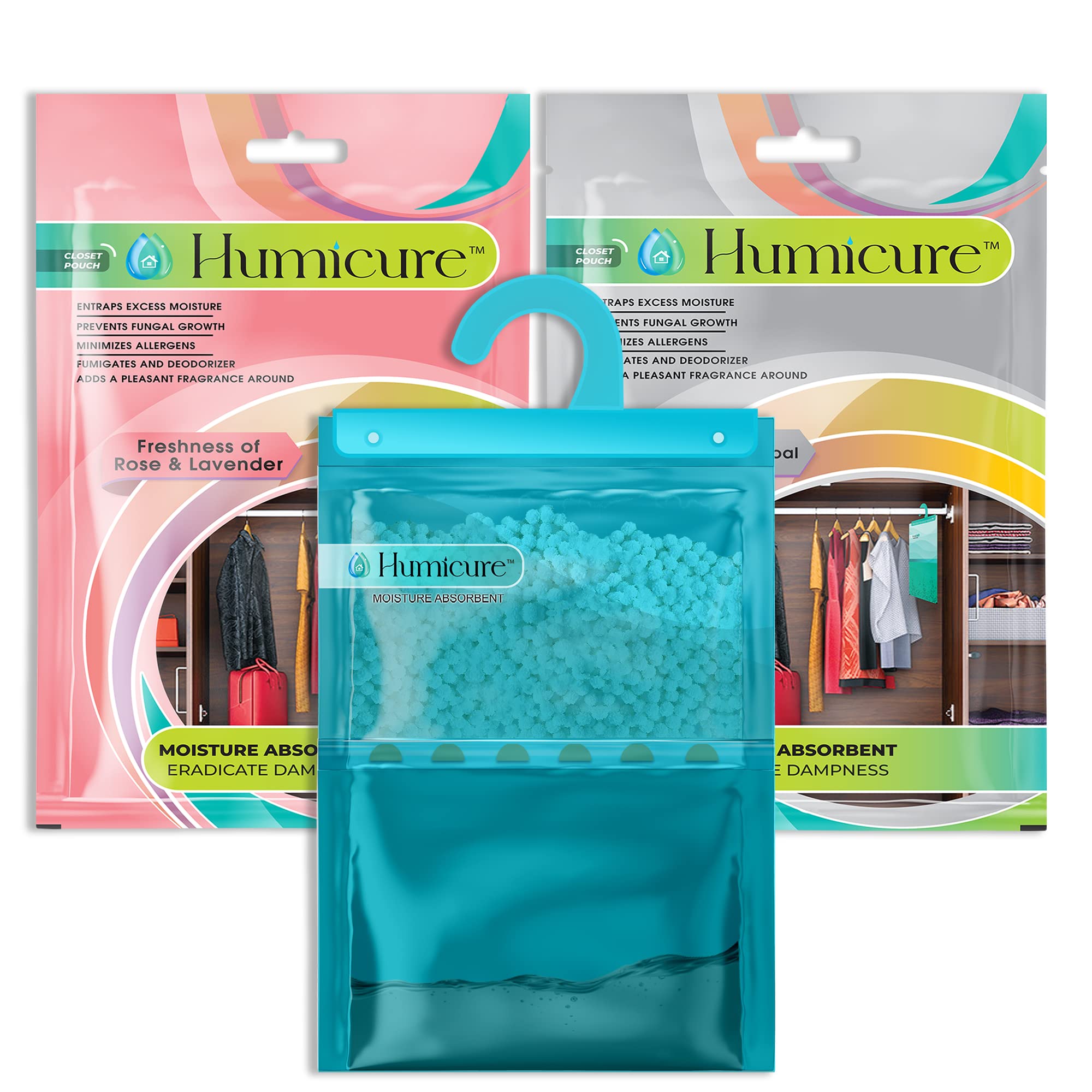 Humicure Moisture Absorber Dehumidifier Hanging Bags with 1 Litre Absorption Capacity for Wardrobe, Bathroom, Kitchen and Bedroom; Prevents Mould & Fungus (Pack of 2, 400gram each, Rose & Charcoal)