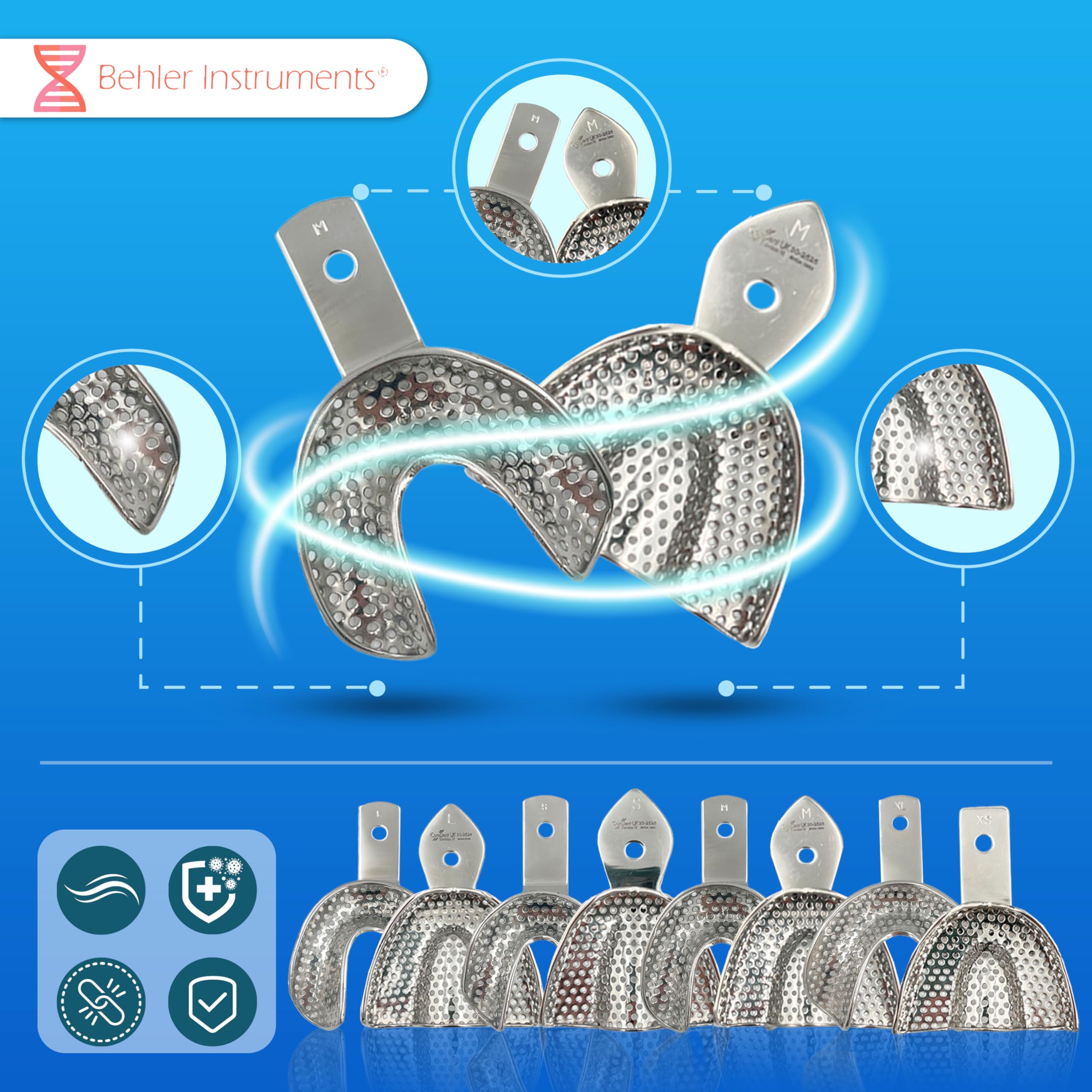 PACK 8 Pezzi Vassoi per Impronte Dentali Individuali, Dentate con Perforazione - 4 Inferiori e 4 Superiori - Acciaio Inossidabile ad alta resistenza - Strumento Essenziale per Professionisti Dentali