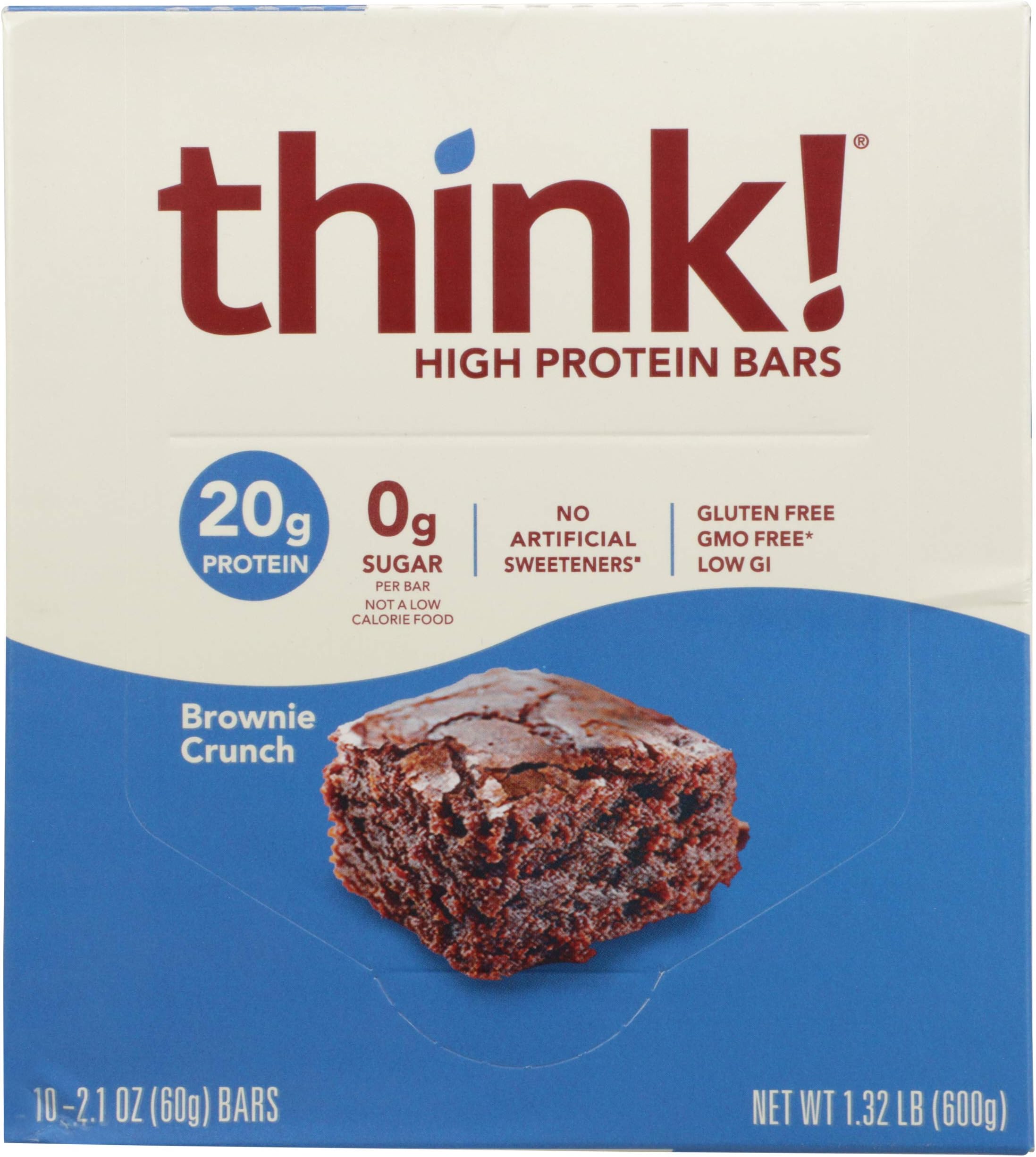 thinkThin Think! Protein Bars, High Protein Snacks, Gluten Free, Sugar Free Energy Bar with Whey Protein Isolate, Brownie Crunch, Nutritional Bars Without Sweetness