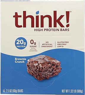 think! Protein Bars, High Protein Snacks, Gluten Free, Sugar Free Energy Bar with Whey Protein Isolate, Brownie Crunch, Nutrition Bars Without Artificial Sweeteners, 2.1 Oz (10 Count)