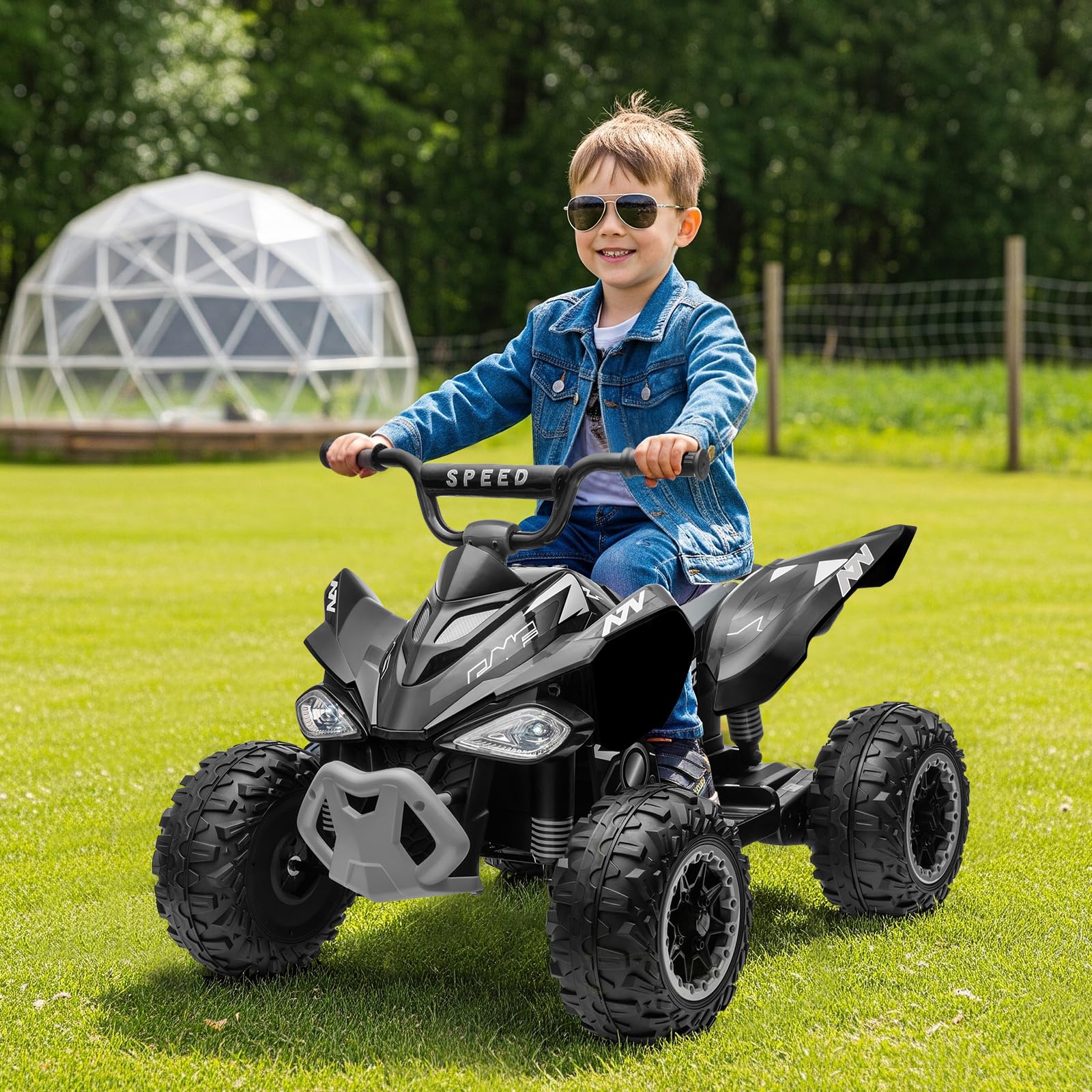LALAHO Kinder Quad Elektro 12V Kinderquad, Kinderfahrzeug mit LED-Scheinwerfern, Musik & Hupe, Elektroauto mit 4 rutschfeste Räder & langsamer Start, für Kinder 3–8 Jahre alt (Schwarz 1)