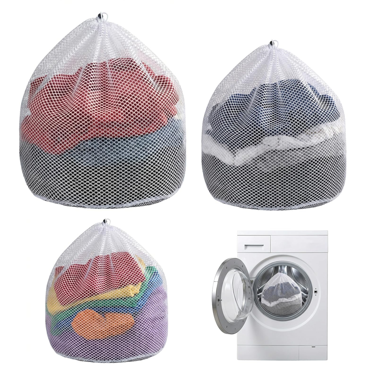 Juhuifu White 3 Pack Mesh Laundry Bags, Drawstring Wash Bags, Delicates Laundry Net Set