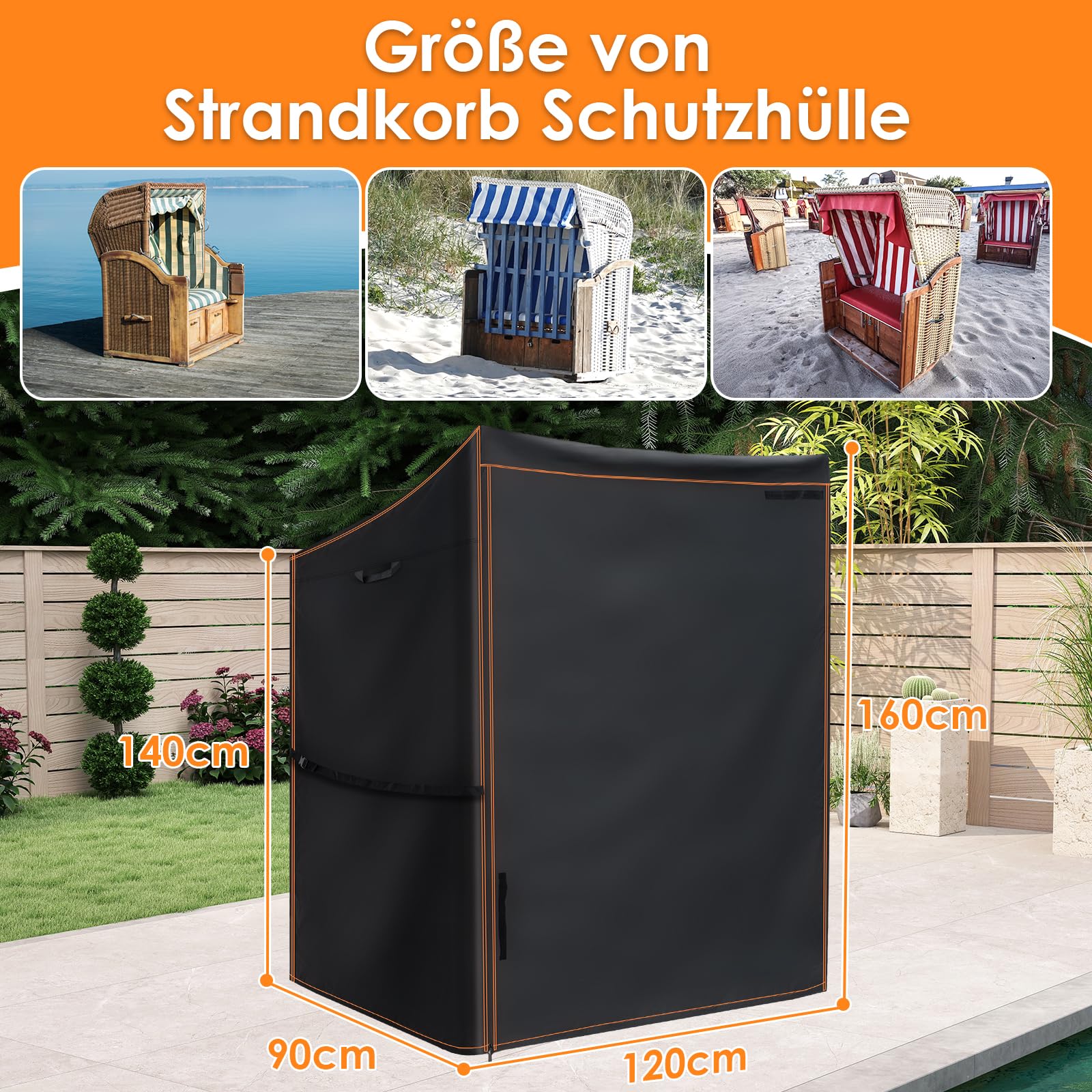 GARPROVM Strandkorb Schutzhülle Winterfest, Strandkorbhülle Wasserdicht 120x90x160/140cm Strandkorb Abdeckung Outdoor, 420D Oxford Gewebe Wetterfest Winddicht Staubdicht Abdeckhaube für Strandkorb