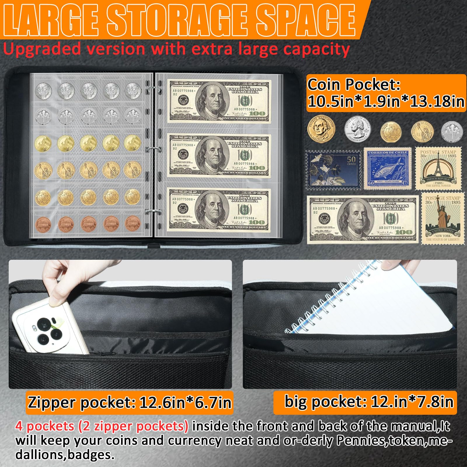LIWSHWZ Soporte ignífugo para coleccionistas, álbum de colección de monedas de 300 bolsillos y 18 carpetas organizadoras de dinero de papel para suministros de colección de monedas, centavos, billetes