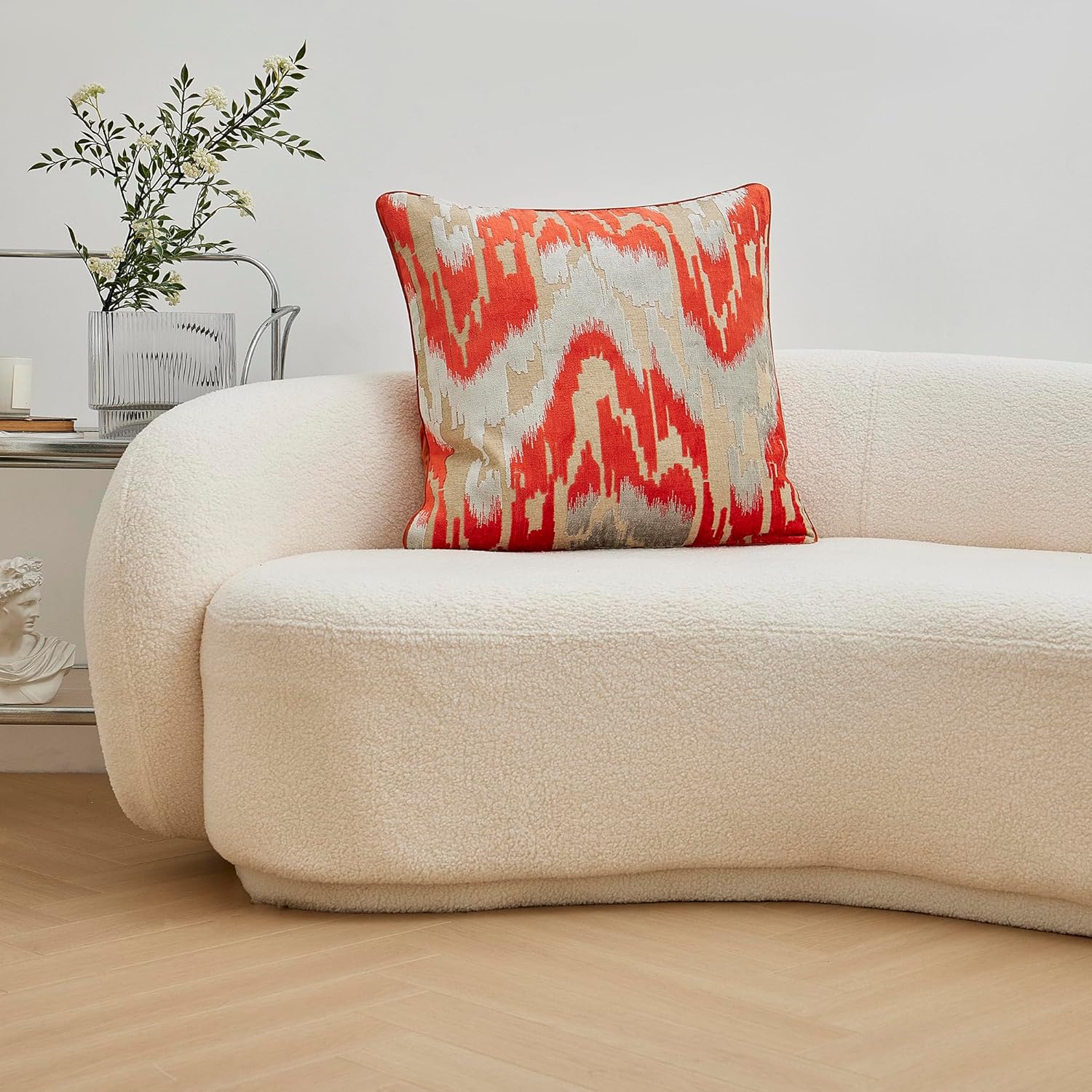 THE-TINOART Ikat Cut Velvet Throw Pillow Covers Cases Soft Orange Pillow Cover Elegant Luxurious Large Decorative Cushion Covers for Couch Bed Sofa Chair Home Decor Decorations 24x24inch 1piece