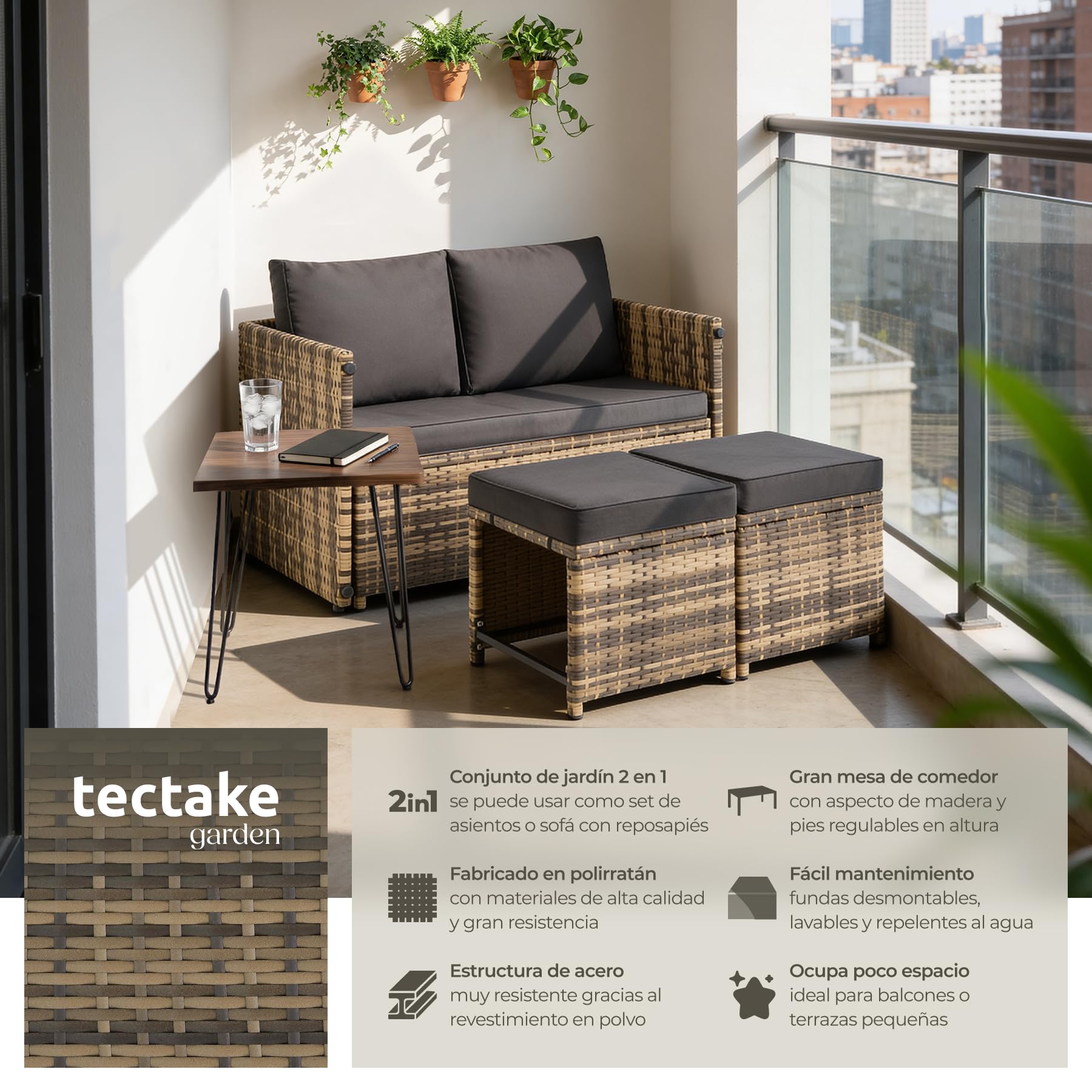 tectake® Conjunto Jardin Exterior 2 en 1, Muebles Jardin Exterior, Mesa y Sillas Terraza, Sofa con Cojines Impermeables y Lavables, 4 Personas, Sofas, Silla, Mesa Terraza, Mueble - Natural