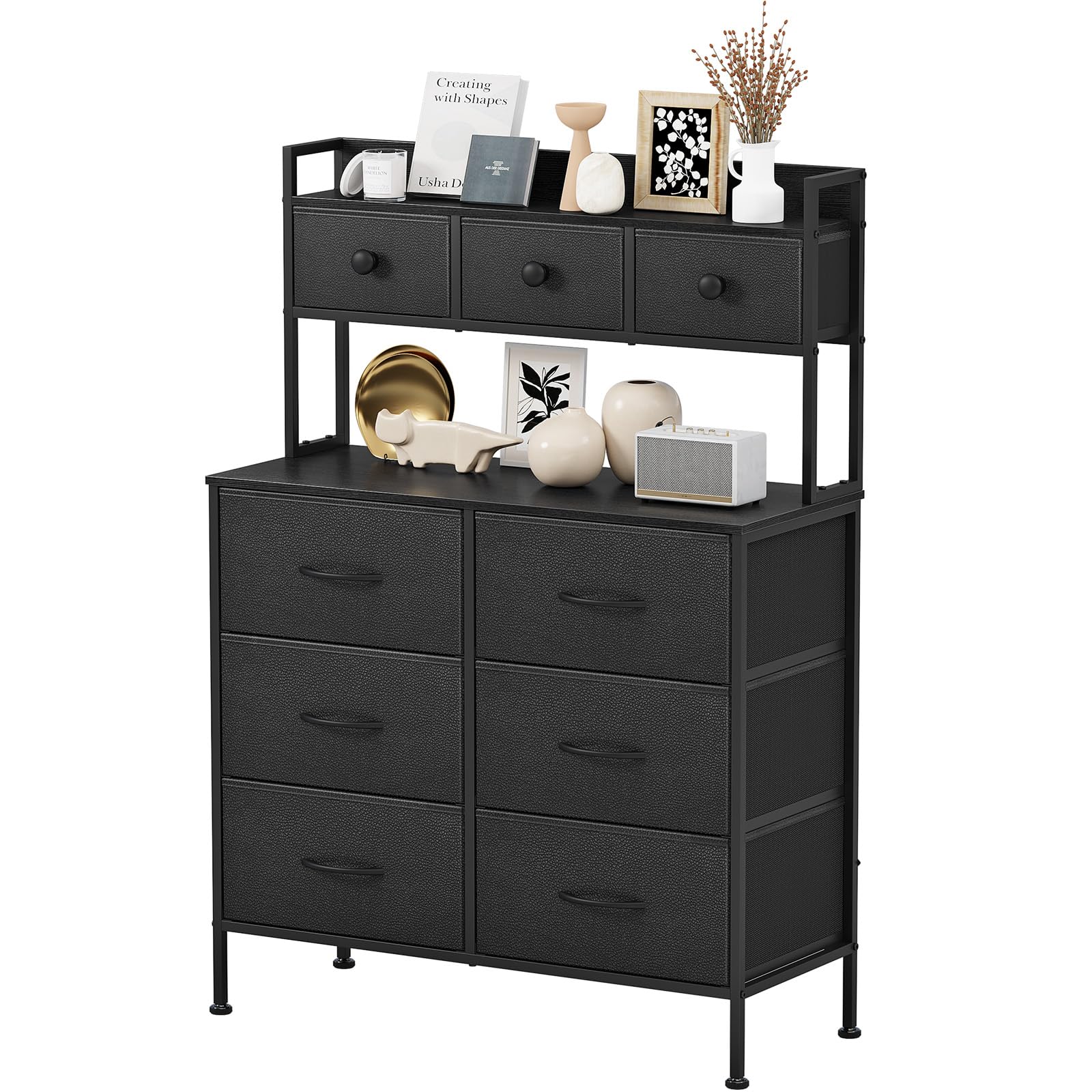 Mintnook Dresser for Bedroom with 9 Drawers, Chest of Drawers Storage Organizer Unit for Bedroom, Living room, Kids room, Closet, Wood Top, Fabric Drawers(Black)