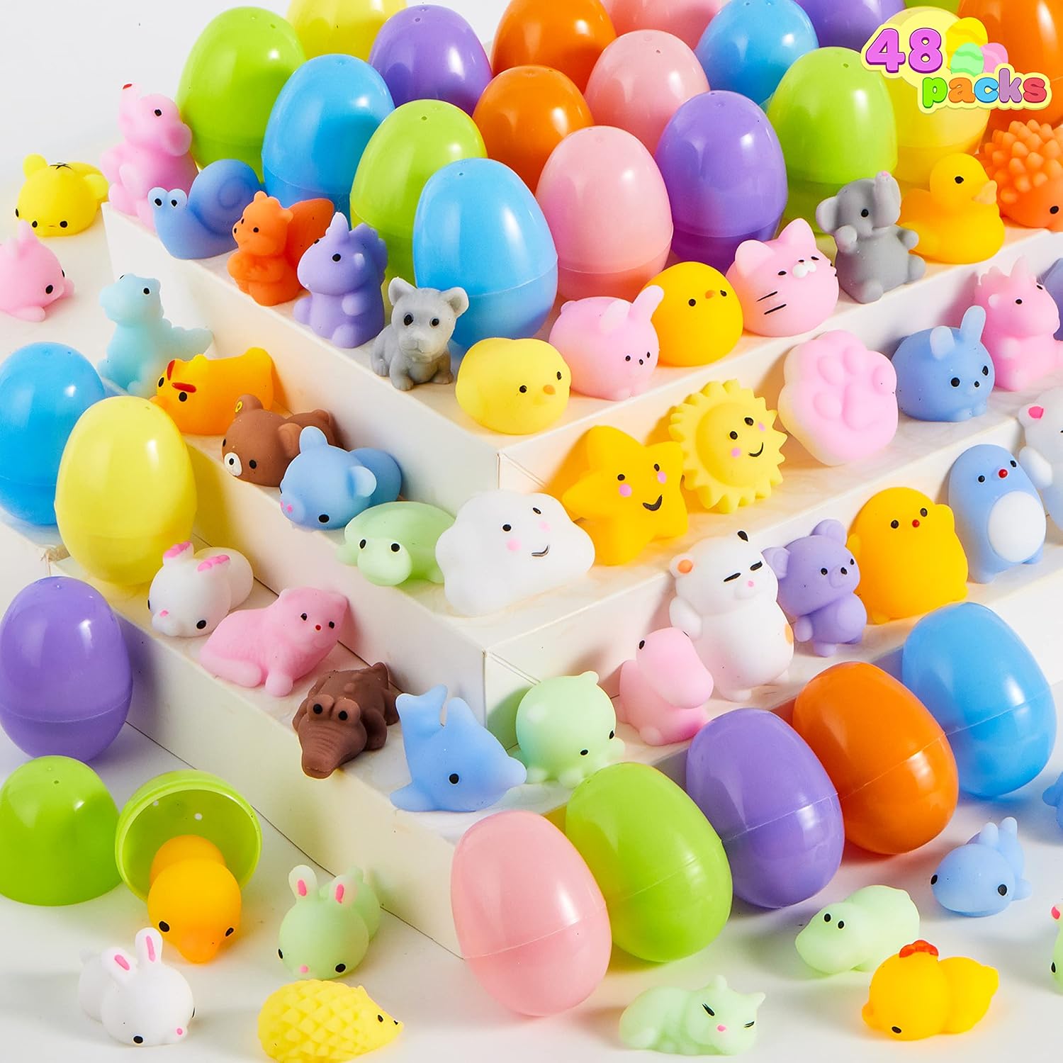 JOYIN 48 Pcs Easter Prefilled Eggs with Mochi Squishy Toys, Animal Stress Reliever Squishy Toy for Easter Egg Hunt, Kids Party Favor, Basket Stuffers, Goodie Bag Fillers, Classroom Prize Supplies - Image 9