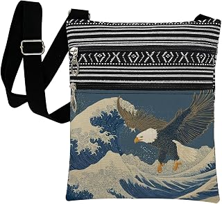 Vintage Eagle Mount Fuji Wave Crossbody Bag Adult Mini Handbag | Adjustable Strap Single Bag Secure Zipper Purse Phone Wallet Keys Lip Gloss Ideal Holiday Birthday Present for Sister Friend