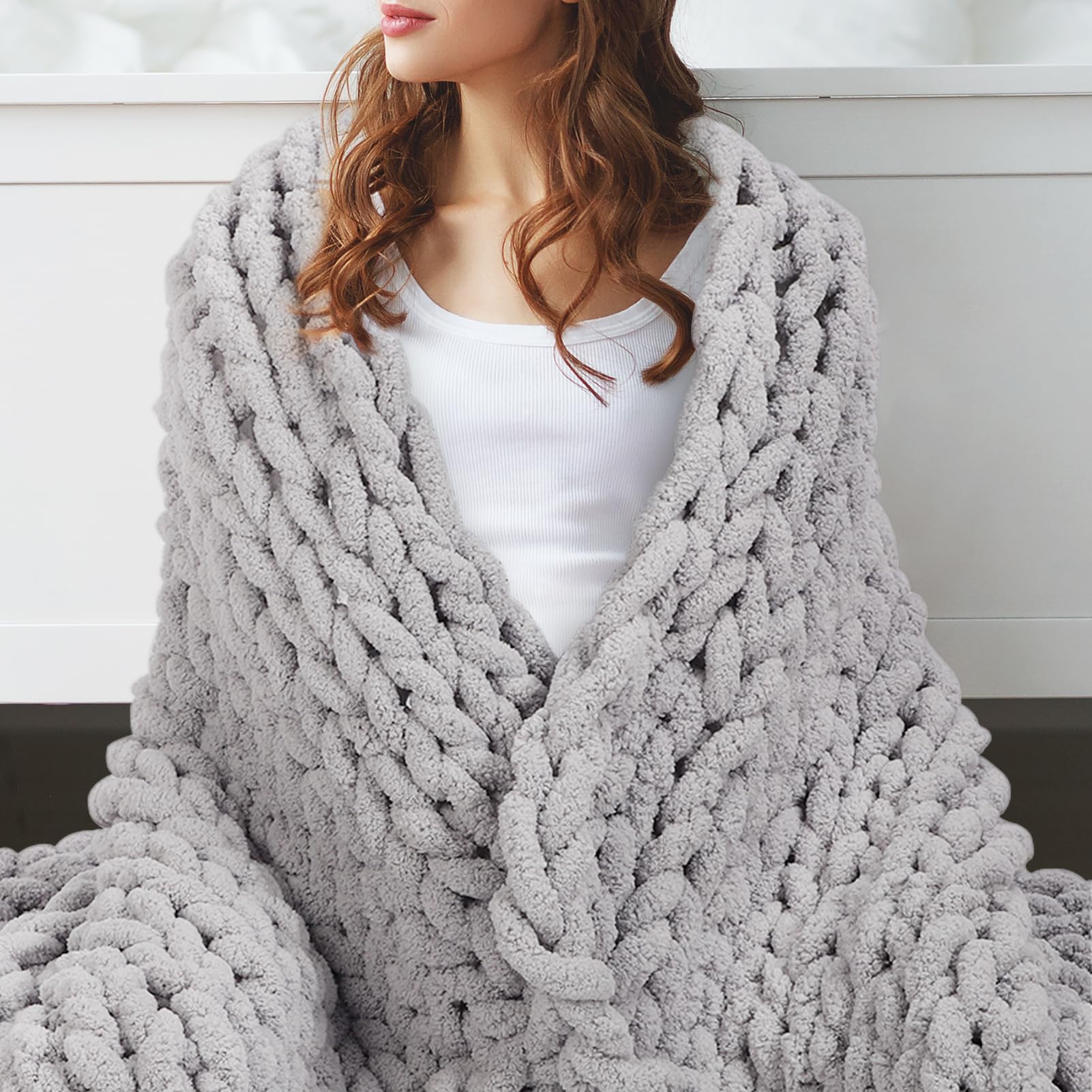 Couverture tricotée épaisse pour lit jeté de canapé chenille gris clair